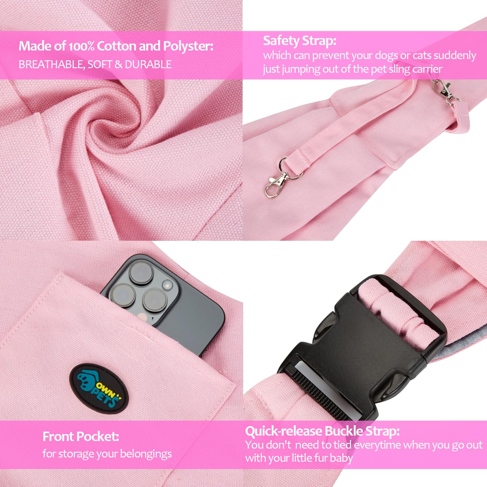 Ownpets Pink Pet Sling Carrier, Pet Sling Carrier Bag Safe,Fit 10~15Lb Cats&Dogs, Comfortable, Adjustable, Perfect For Daily Wal