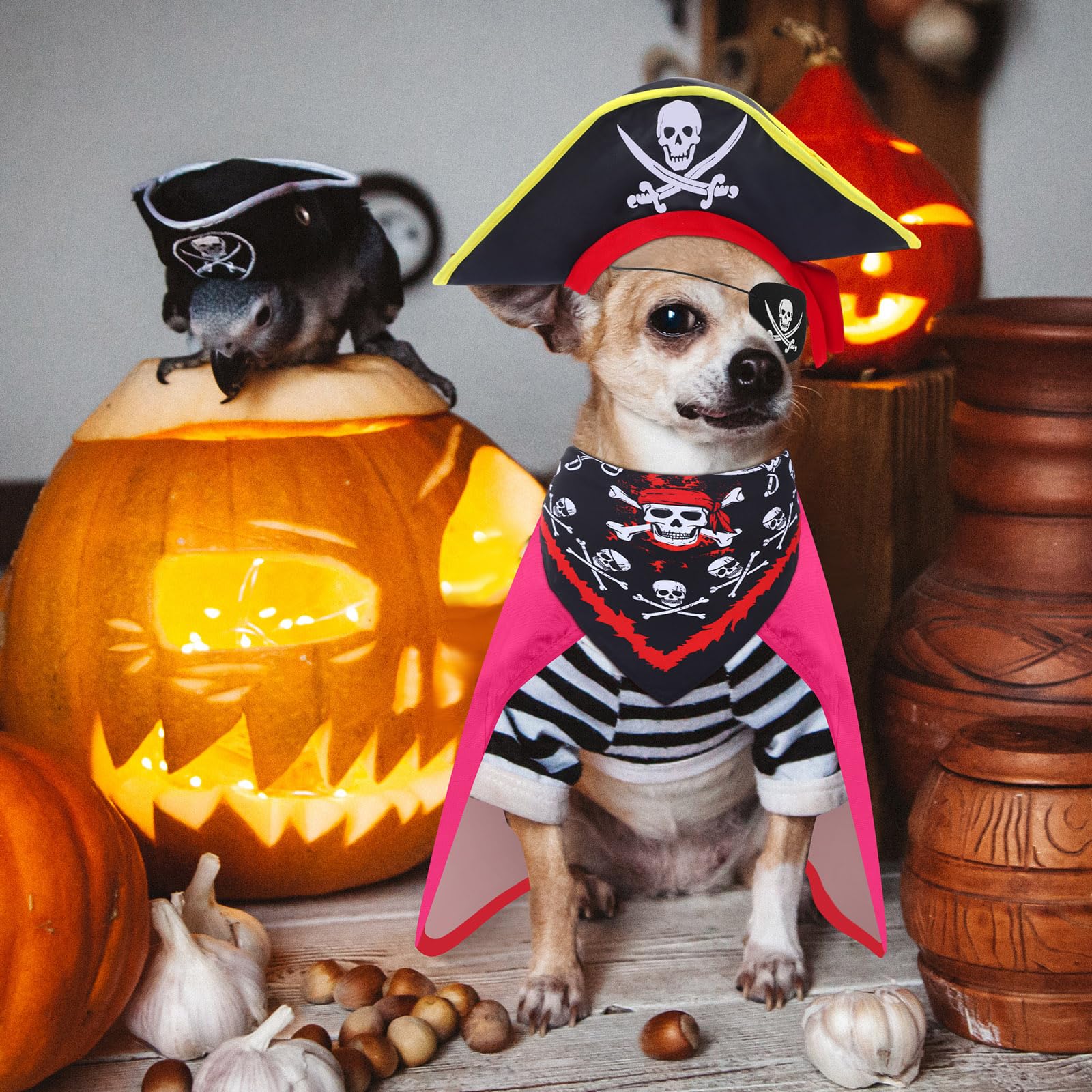 Huhumy 4 Pcs Dog Pirate Costume Set Dog Pirate Hat Pet Skull Triangle Bandana Puppy Cape and Eye Mask for Halloween Outfits Acce