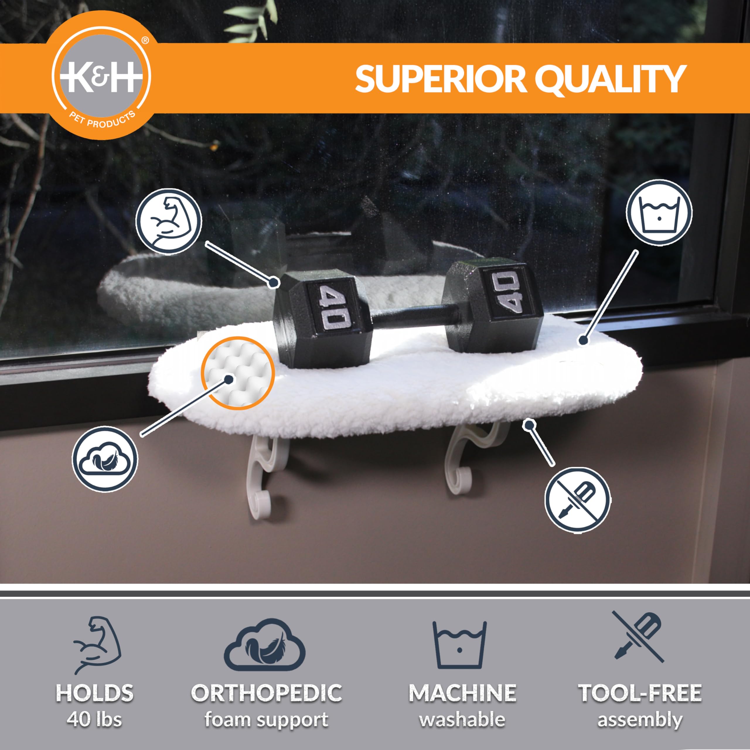 K&H Pet Products Kitty Sill Cat Window Perch for Large Cats, Orthopedic Window Hammock Bed Holds 40LBS, Washable Cover, Kitty Wi