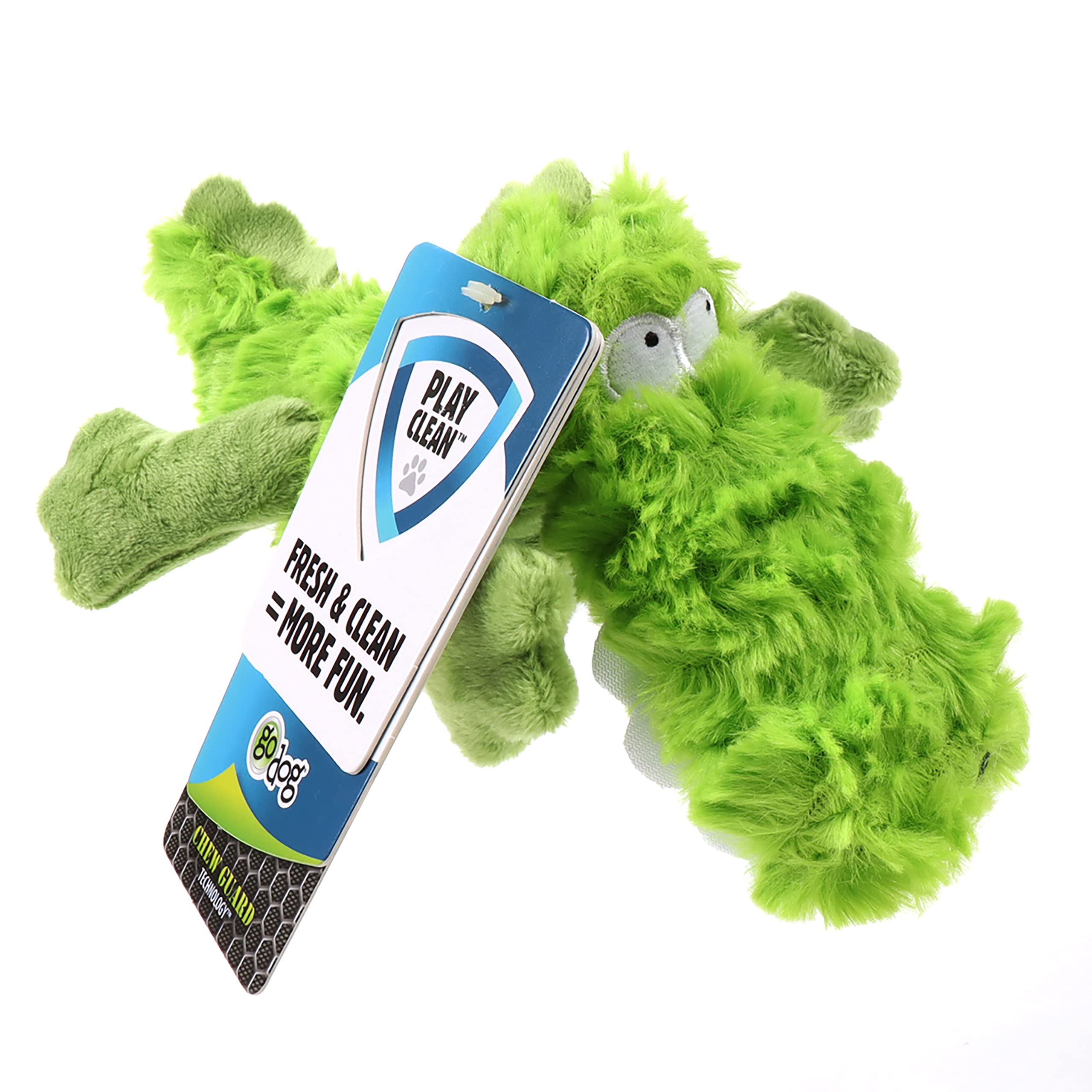 goDog PlayClean Gator Squeaky Plush Dog Toy with Odor-Eliminating Essential Oils, Chew Guard Technology - Green, Large