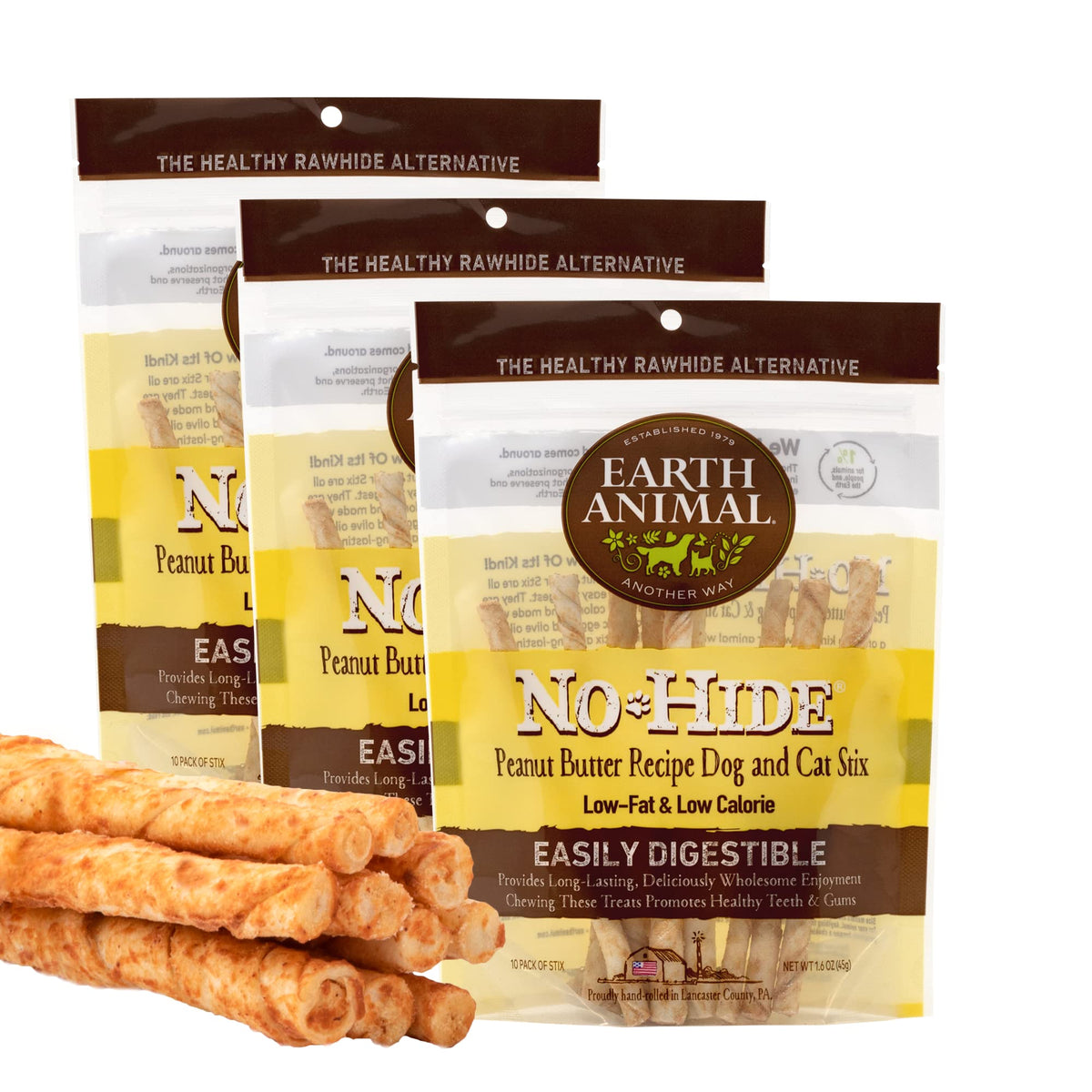 Earth Animal No Hide Stix Peanut Butter Flavored Natural Rawhide Free Dog Chews Long Lasting Dog Chew Sticks | Dog Treats For Small Dogs And Cats | Great Dog Chews For Aggressive Chewers