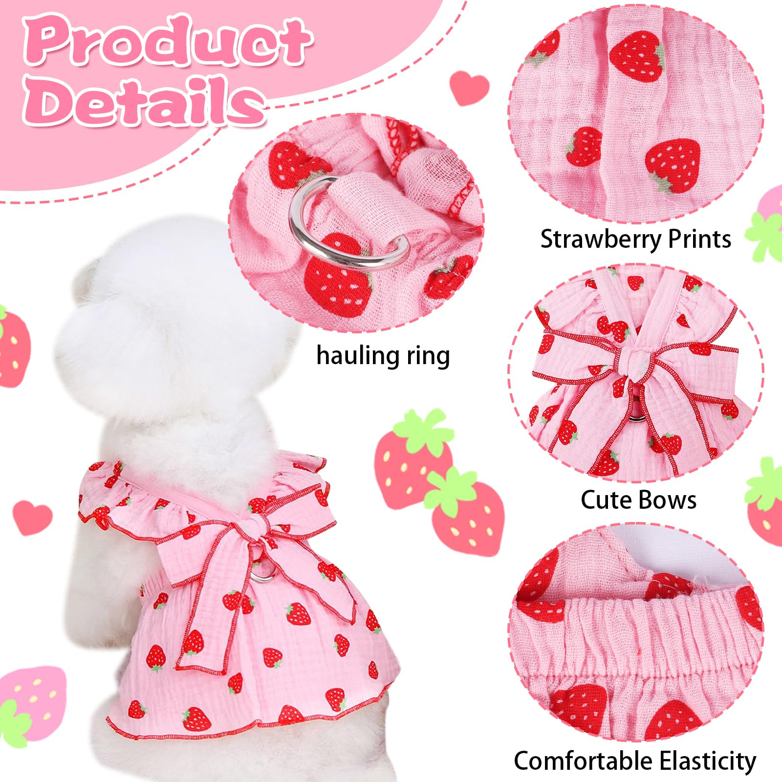 Kunyeah Girl Dog Dresses Pet Strawberries Princess Dress Summer Sleeveless Puppy Clothes Cat Bow Decor Costume With Leash Ring B