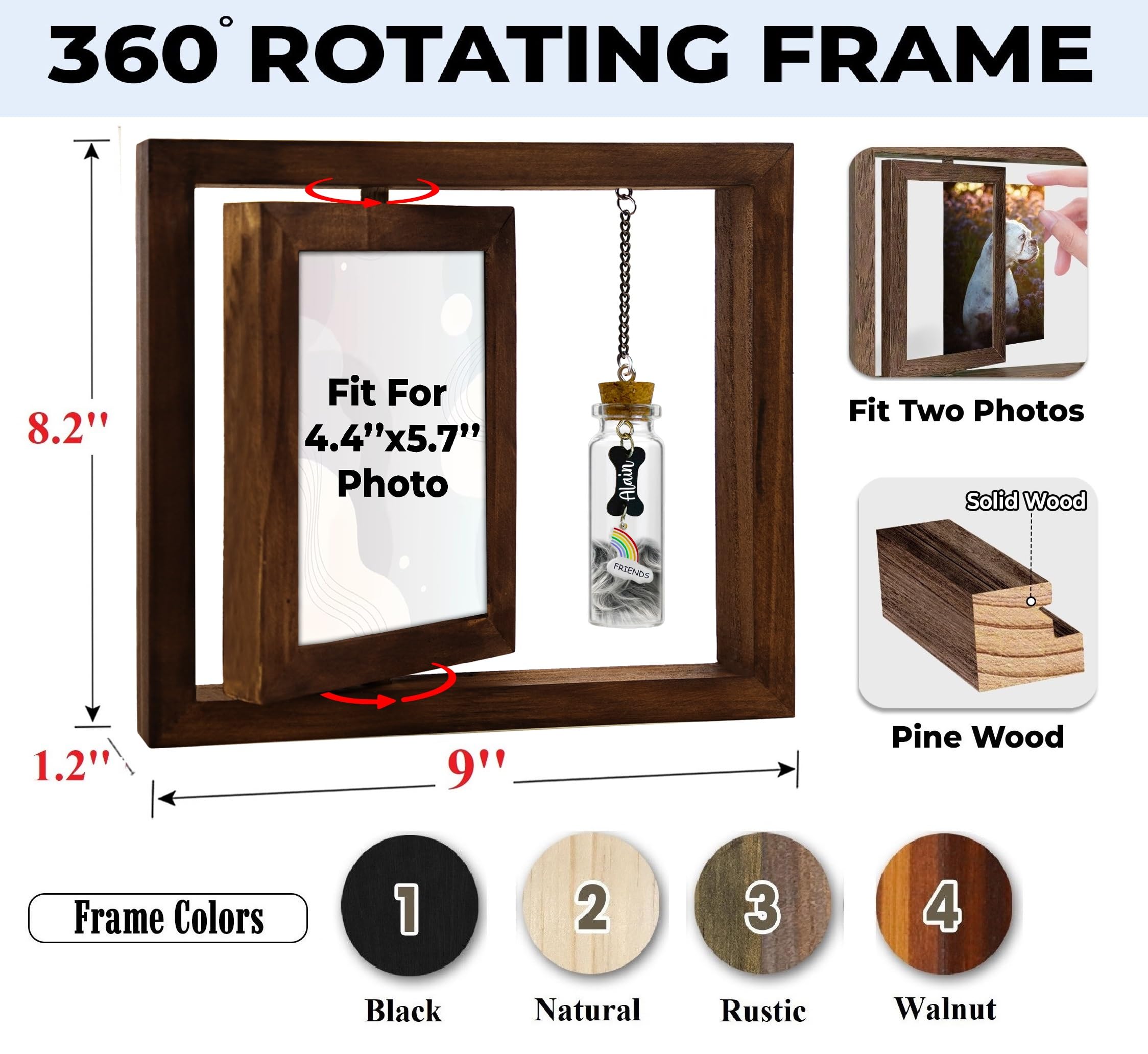 Pet Memorial Gift For Dogs Cats, Rustic 360 Rotating Picture Frame 6X4 Photo, Pet Hair Keepsake Fur Jar Rainbow Bridge No Longer