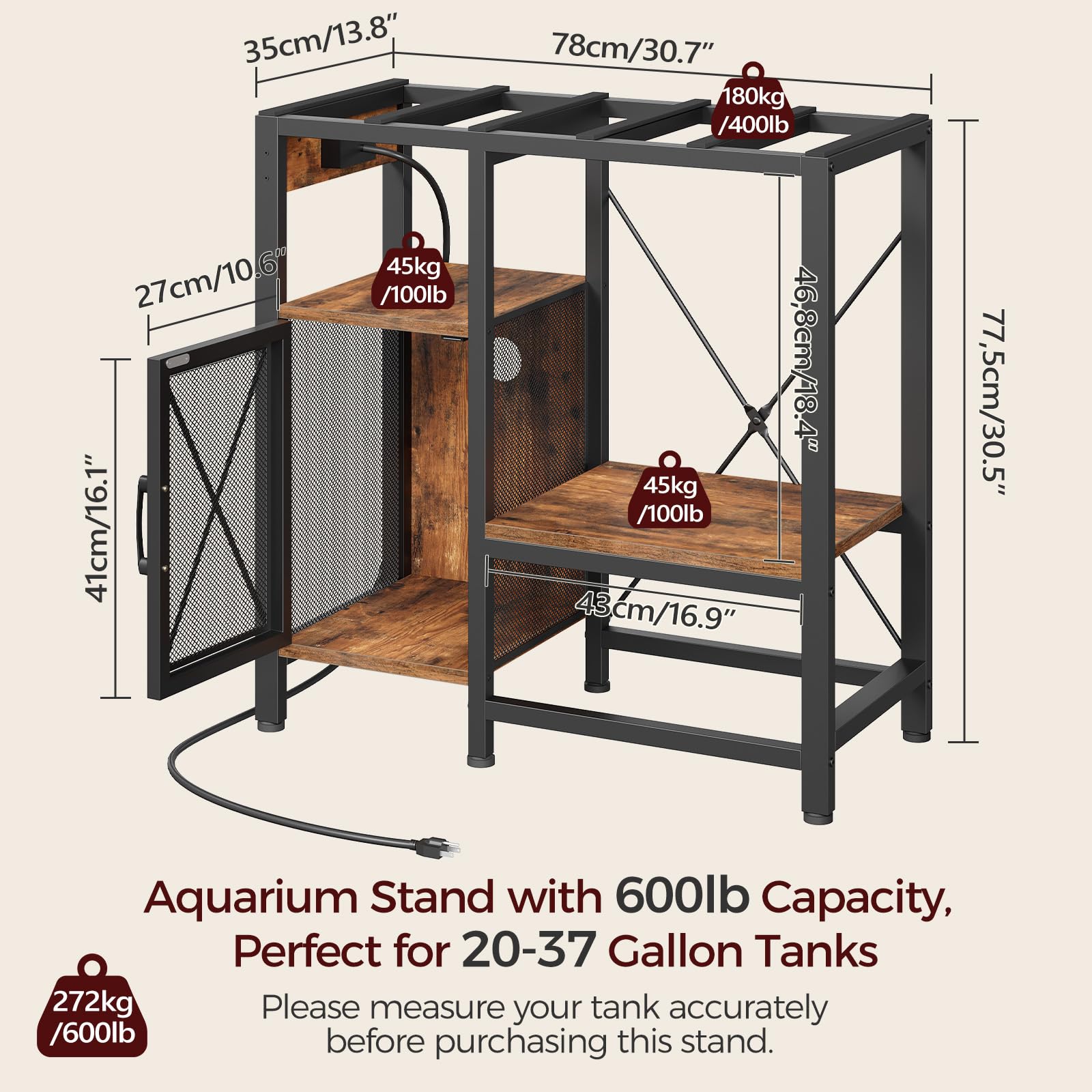 MAHANCRIS 20-37 Gallon Fish Tank Stand, Aquarium Stand with Power Outlet and Storage Cabinet, Heavy Duty Tank Stand Suitable for