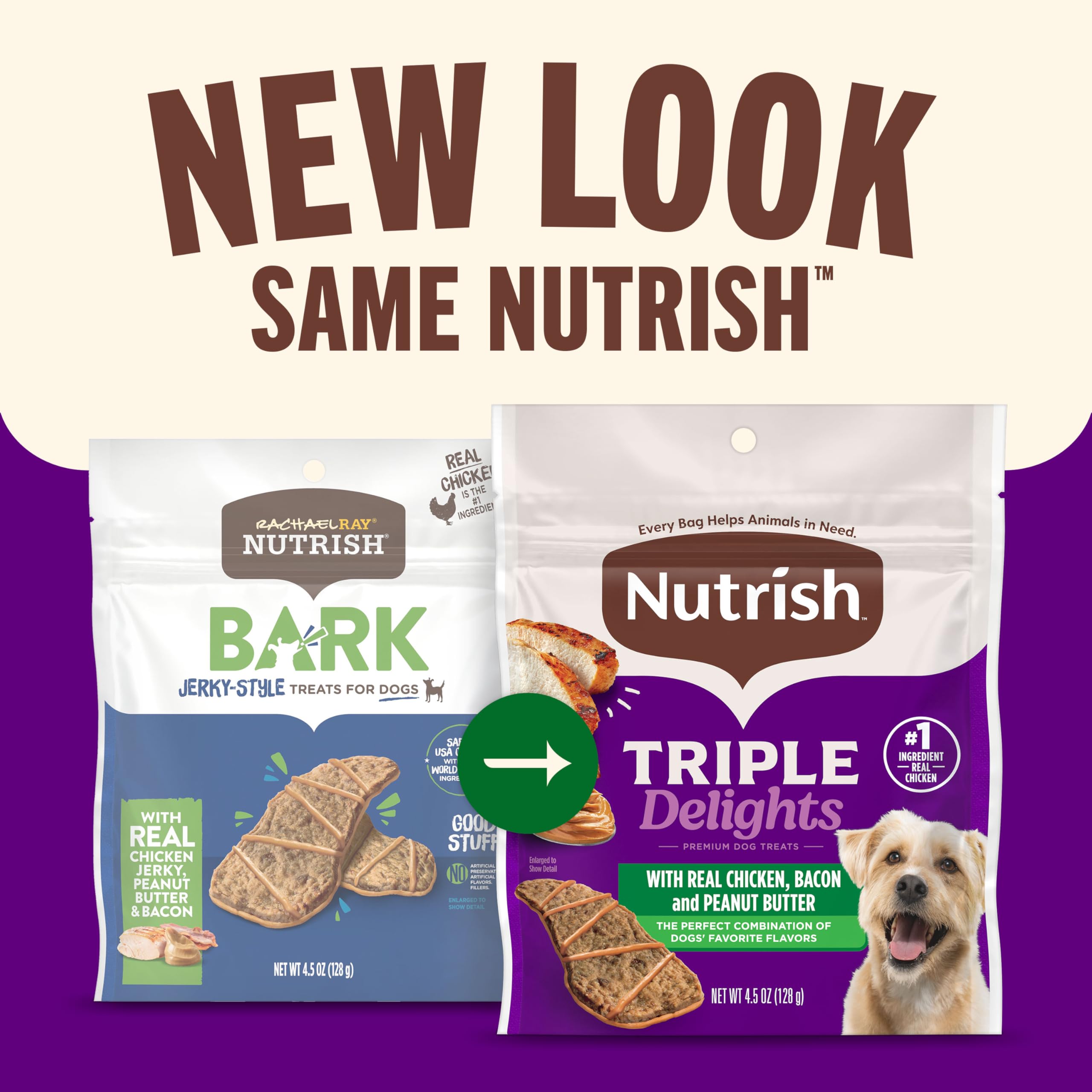 Nutrish Triple Delights Premium Dog Treats with Real Chicken, Bacon, and Peanut Butter, 4.5 oz. Pouch, Pack of 5