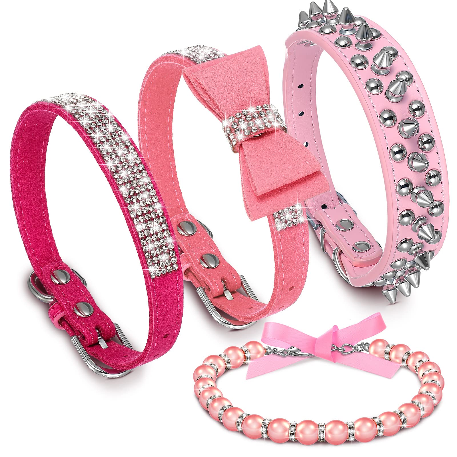 4 Pcs Pink Dog Collar Spiked Studded Dog Collars Pearls Dog Necklace Dog Collar With Rhinestone Bow Knot Crystal Diamond Colorful Flower Bling Girl Dog Cat Collars For Dogs(Cute Style,X-Small)