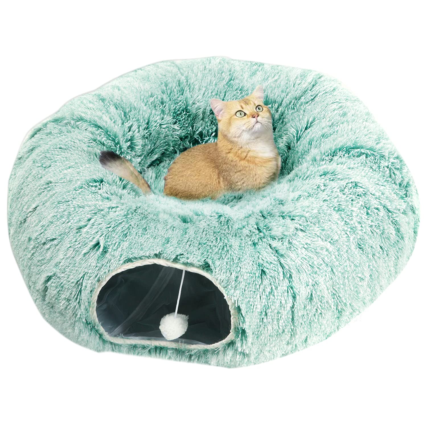 Auoon Cat Tunnel Bed With Central Mat,Big Tube Playground Toys,Soft Plush Material,Full Moon Shape For Kitten,Cat,Puppy,Rabbit,Ferret (Creen)