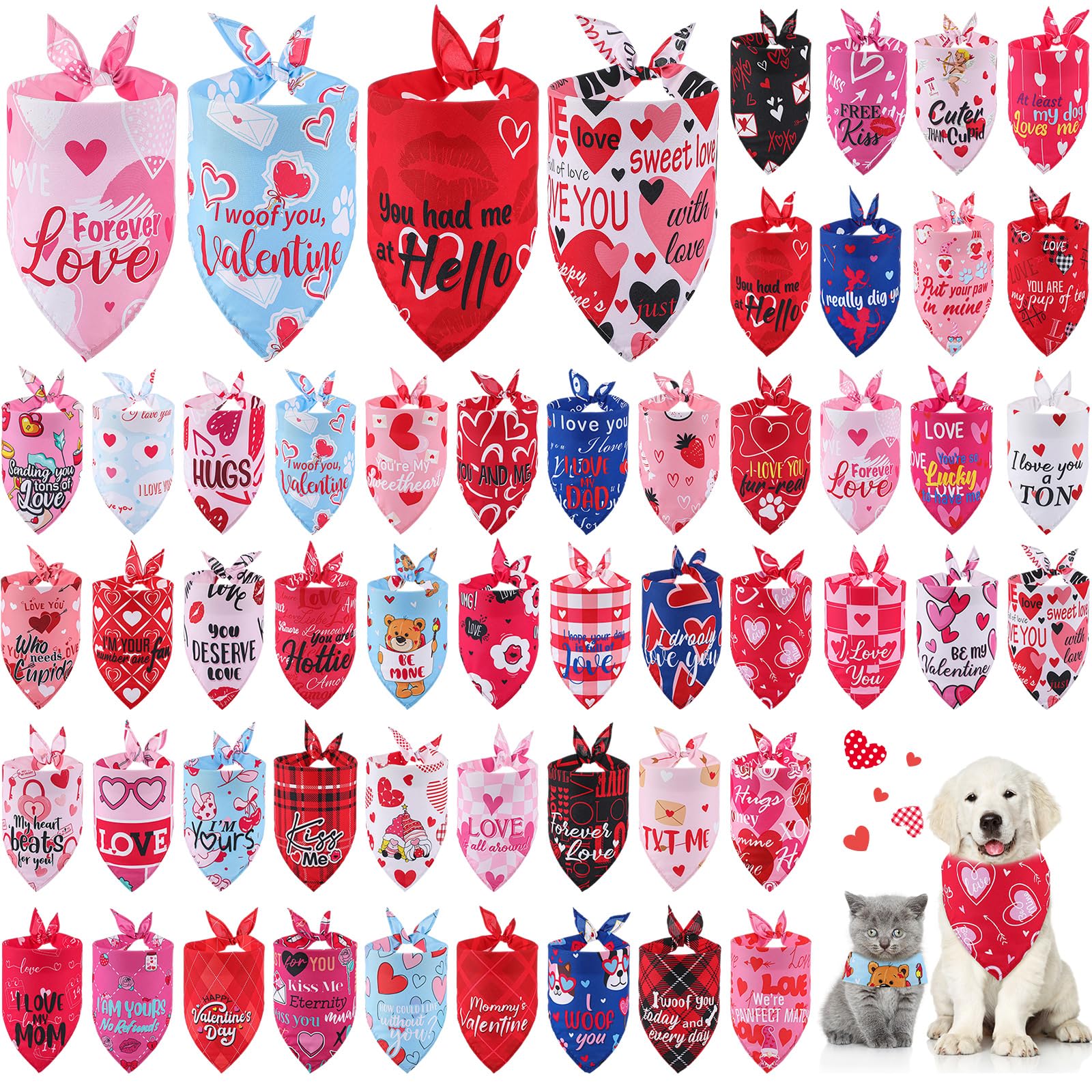 Chunful 50 Pcs Valentine'S Day Dog Bandana Bulk With Sayings Pet Triangle Scarf Bibs Washable Puppy Kerchief Adjustable Grooming