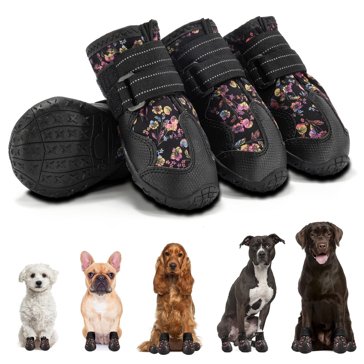 Dog Shoes For Small Dogs: Breathable Medium Dog Boots Paw Protector For Summer Hot Pavement Winter Snow, Outdoor Walking Dog Booties, Indoor Hardfloors Anti-Slip Sole Flower-Black 4Pcs-Size 4