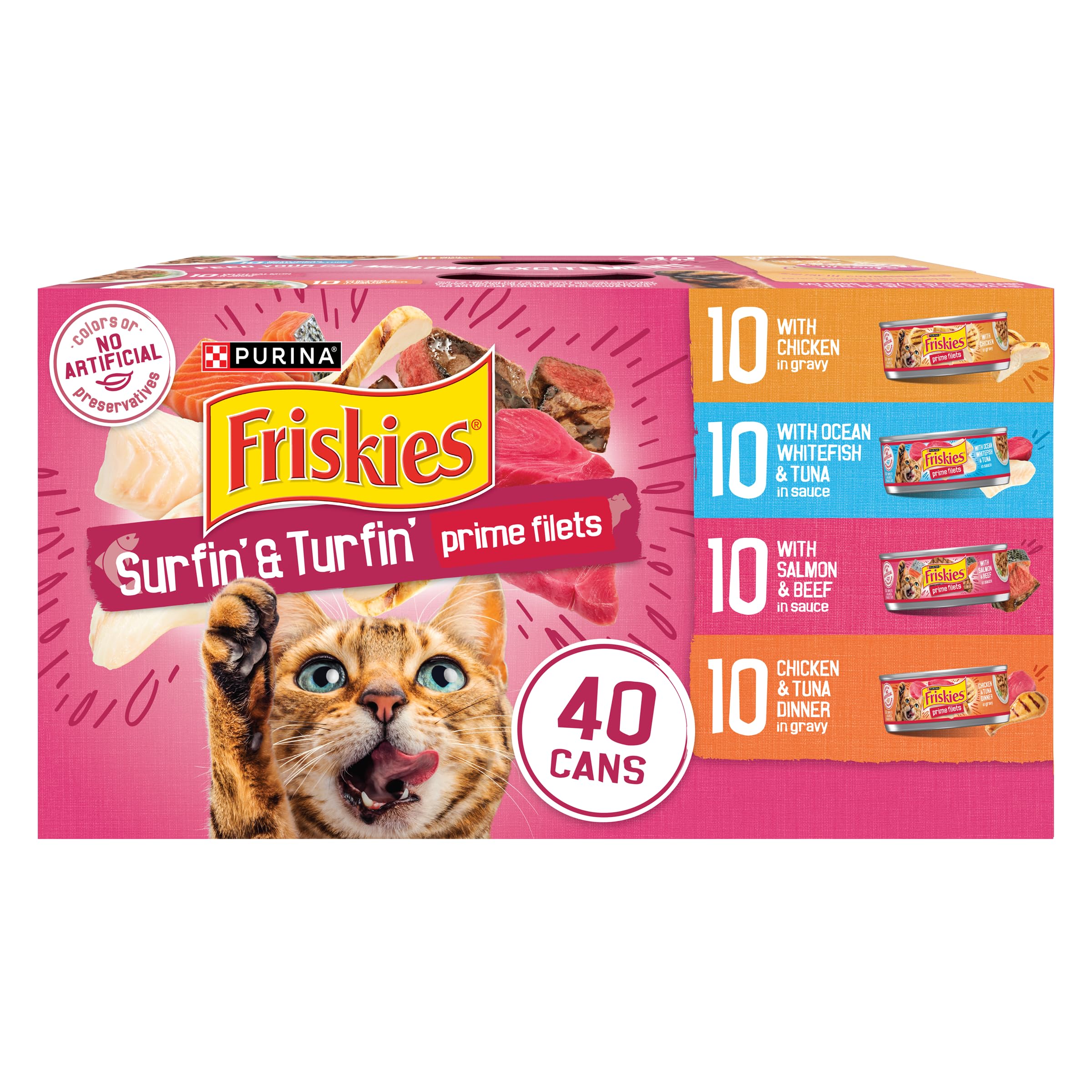 Purina Friskies Wet Cat Food Variety Pack, Surfin & Turfin Prime Filets Favorites - (Pack of 40) 5.5 oz. Cans