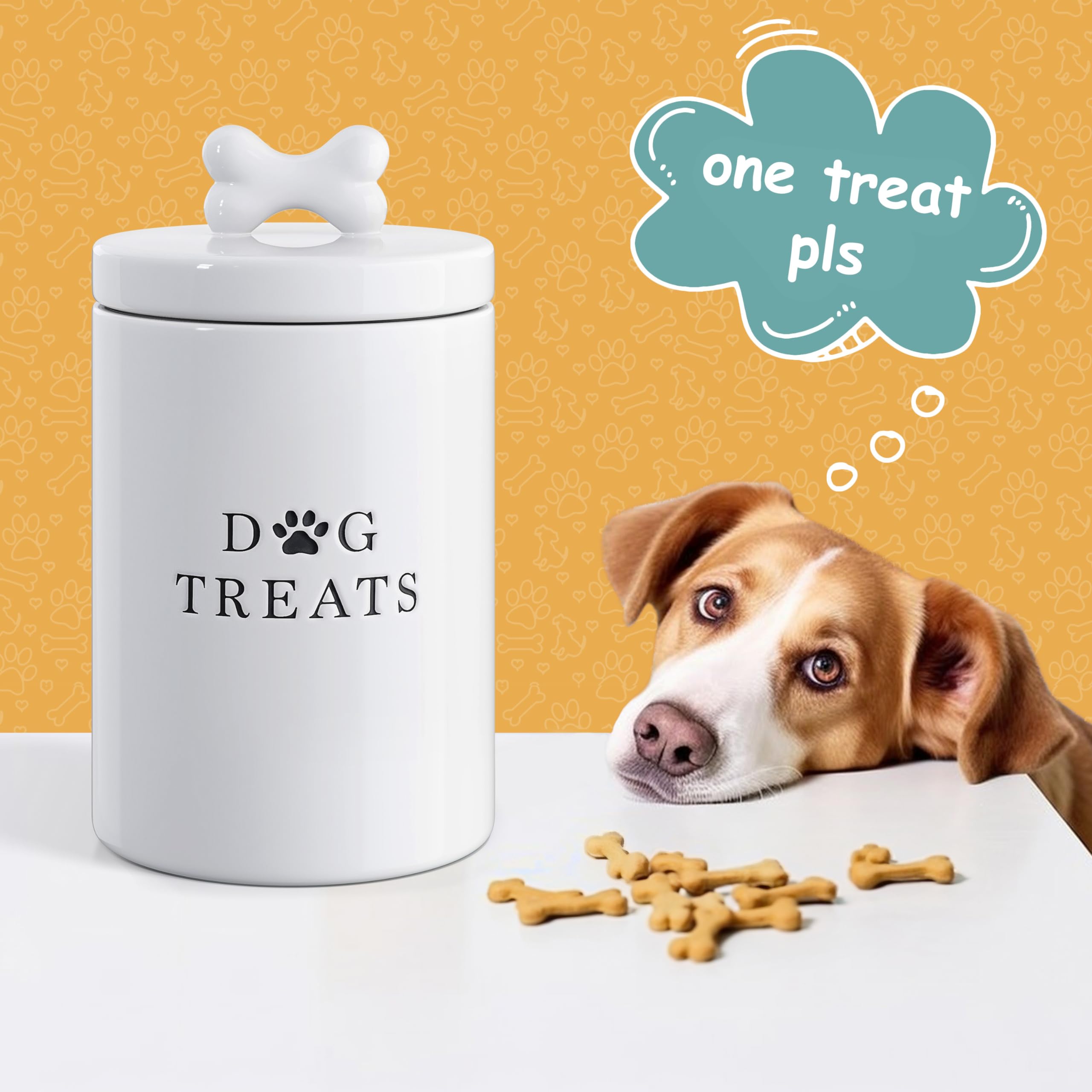 Barnyard Designs Large Dog Treat Container Airtight with Lid, Cute Rustic Ceramic Dog Treat Storage Jar for Kitchen Counter (Whi