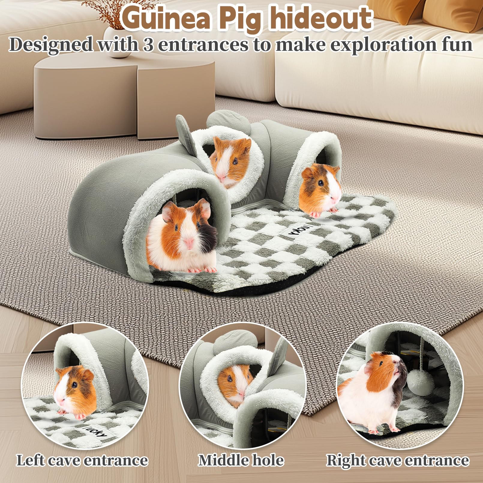 Pinvnby 3 Pcs Guinea Pig Hideout And Tunnel Bed, Removable Soft Bunny Tunnel Tube With Guinea Pig Liner Small Animal Tunnel Toy