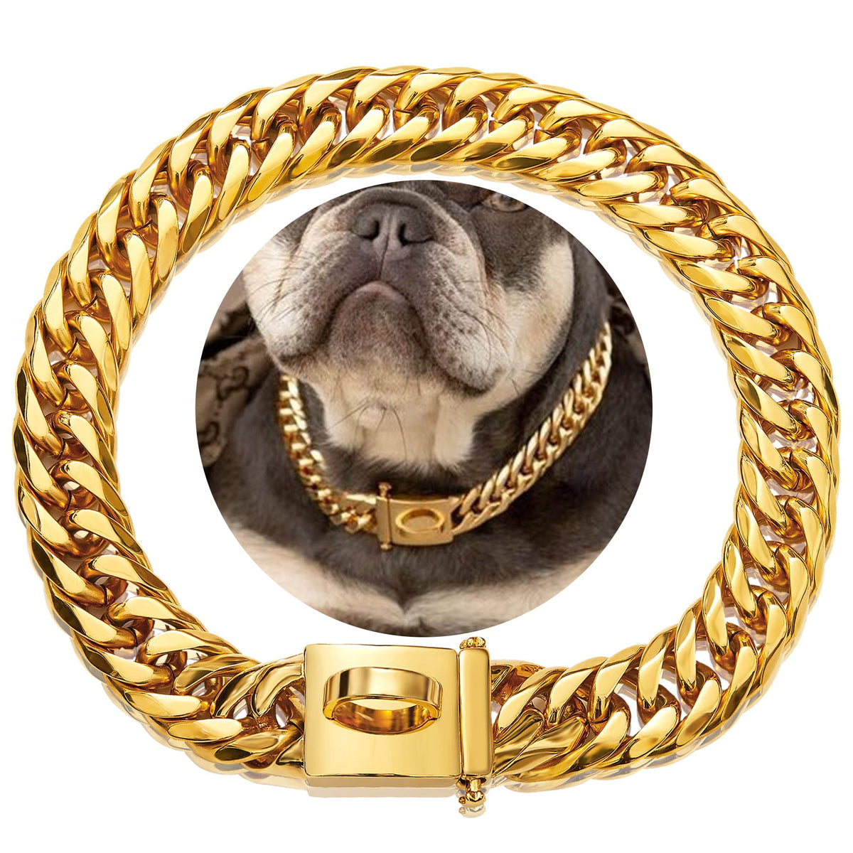 Gold Chain Dog Collar 16Mm 18K Gold Cuban Link Dog Collar With Secure Snap Buckle Gold Dog Chain Metal Collar For Small Pitbull (16Mm, 26')