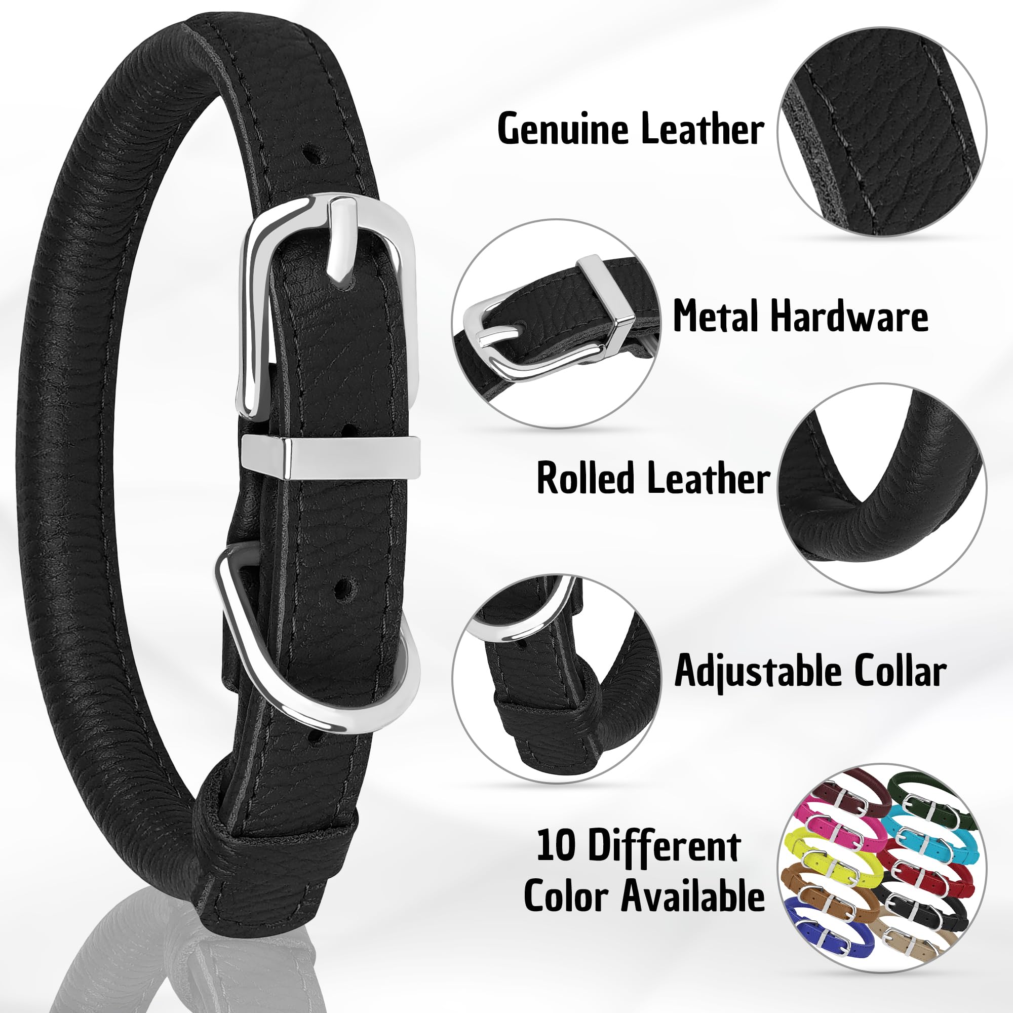 Oopsdoggy Rolled Leather Dog Collar Soft Roll Collars For Small Medium Large Dogs Puppy (Black, M, 12-15)