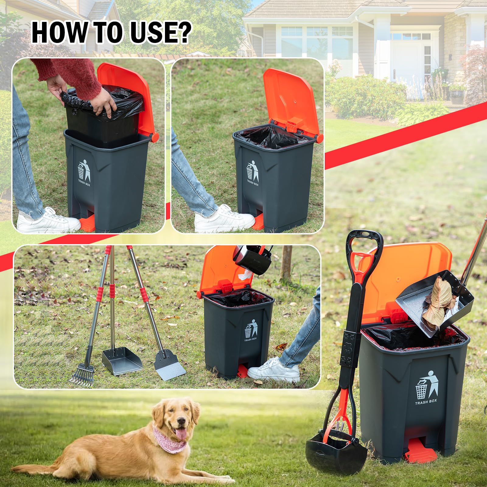 FUSBUNTY Pooper Scooper Set,Dog Poop Tray and Rake Set for Large & Small Dogs Dog Pooper Scooper 15 Litre Step Dog Poop Trash Ca