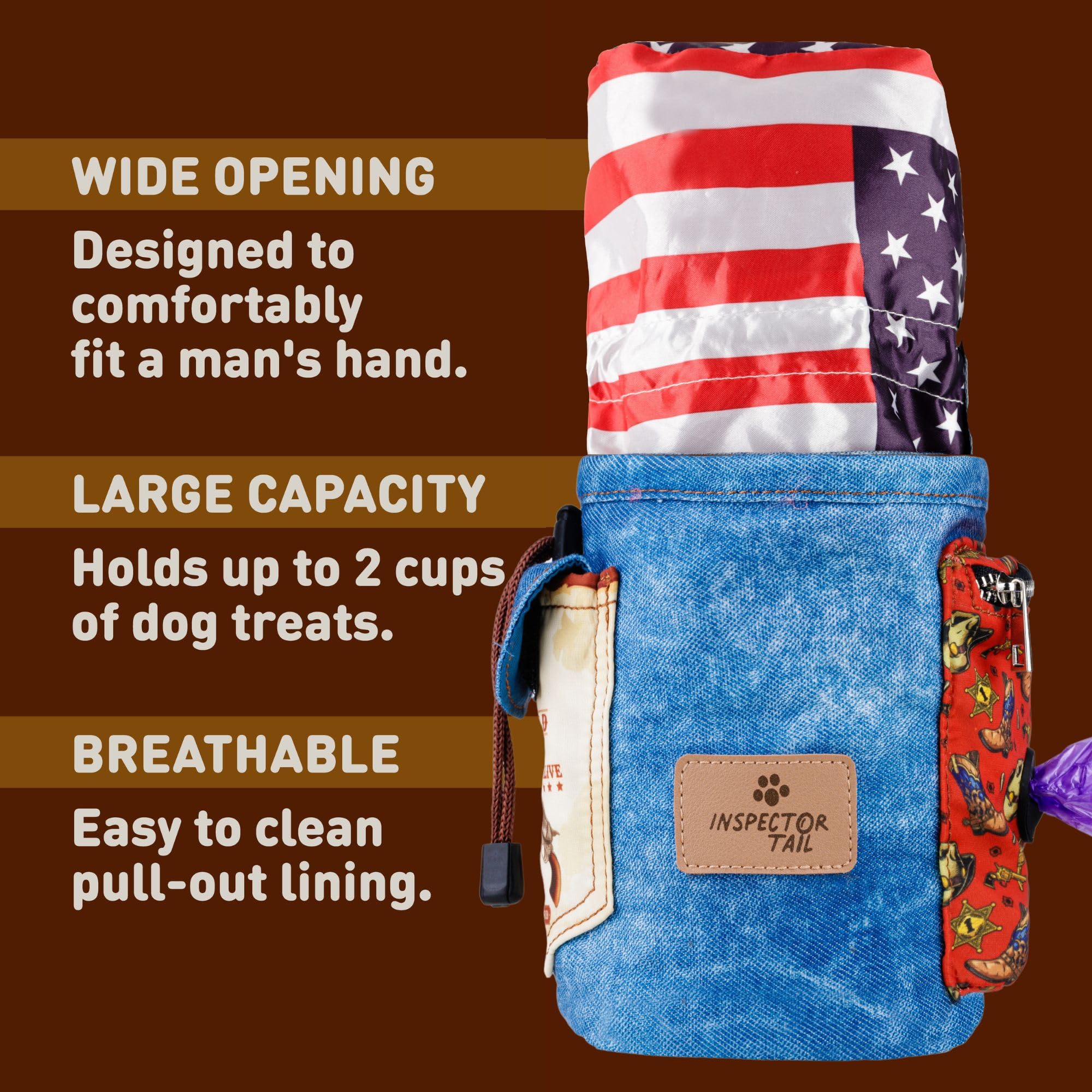INSPECTOR TAIL Dog Treat Pouch w Belt & Clip - Hands Free | No Spill w Airtight Drawstring Closure | 4 Ways to Wear Training Tot
