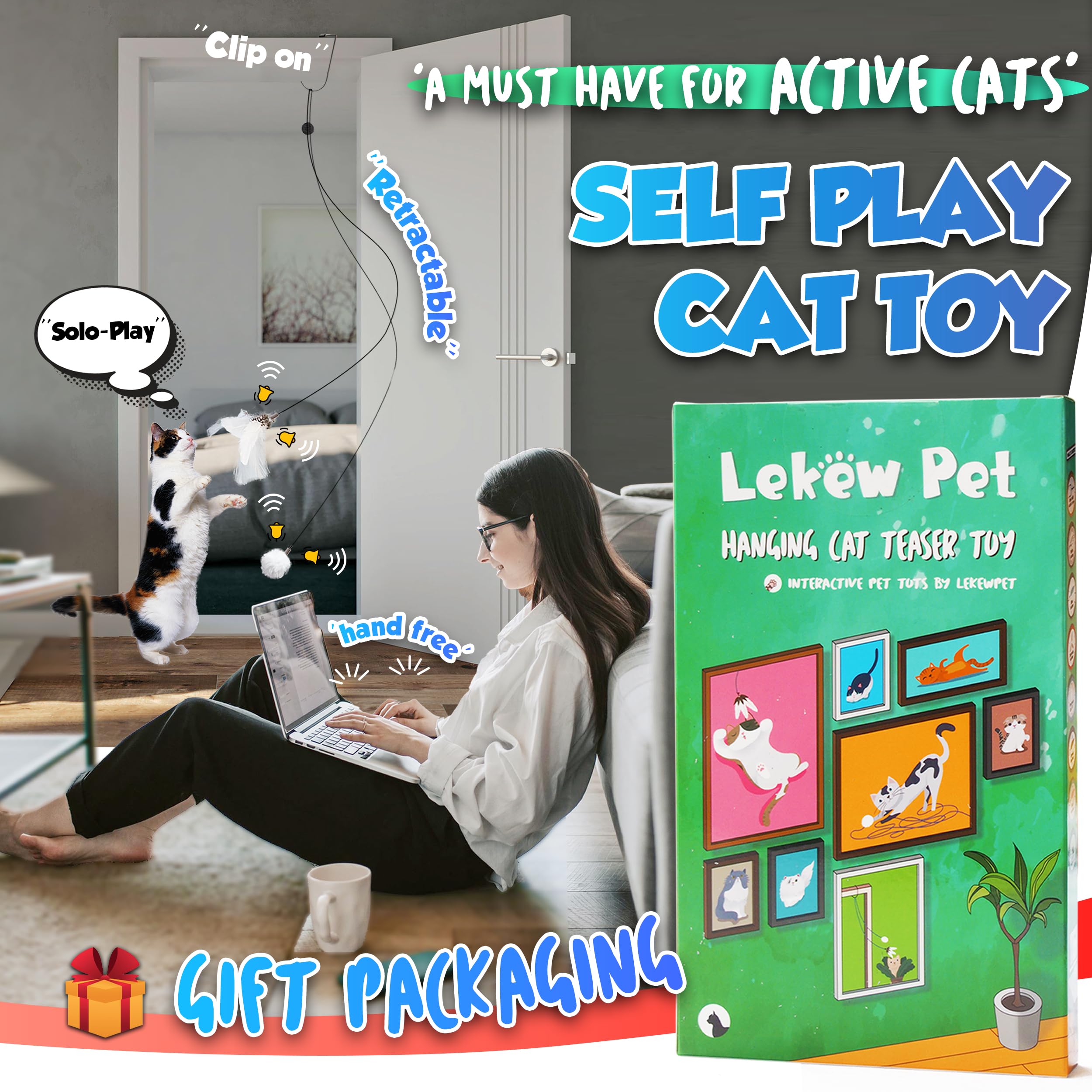 Lekewpet Retractable Cat Feather Toys, 7Pcs Refills With Bell, Interactive Doorway Hanging Teaser Toys For Indoor Cats. Kitten Play Exercise Feather Teaser Toys.