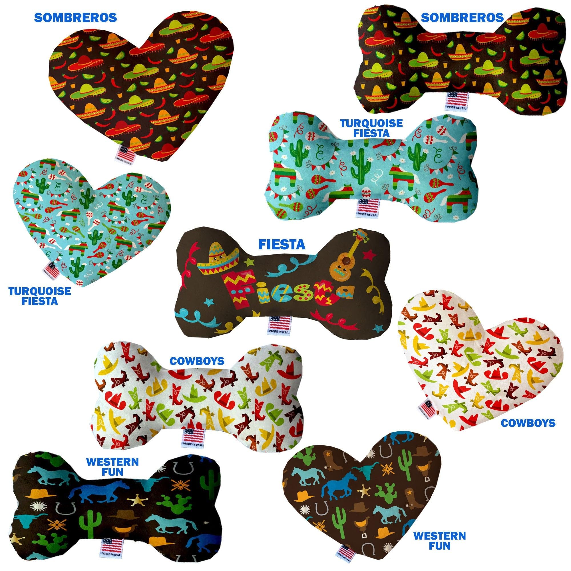 Pet and Dog Plush Heart or Bone Toy, &quot;Fiesta Group&quot; (Available in different sizes, and 5 different pattern options!) Sombreros 6&quot; Plush Heart