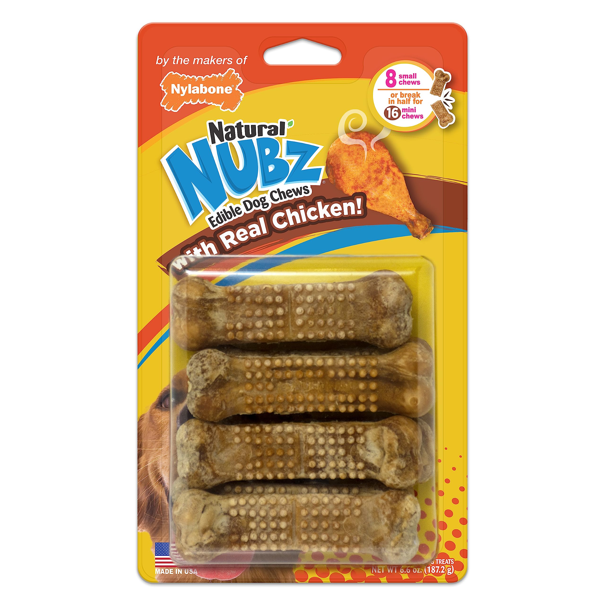 Nylabone Nubz Natural Edible Chew Treats for Dogs, Long Lasting Chews Made in USA, Chicken Flavor, Small - Up to 25 lbs. (8 Coun