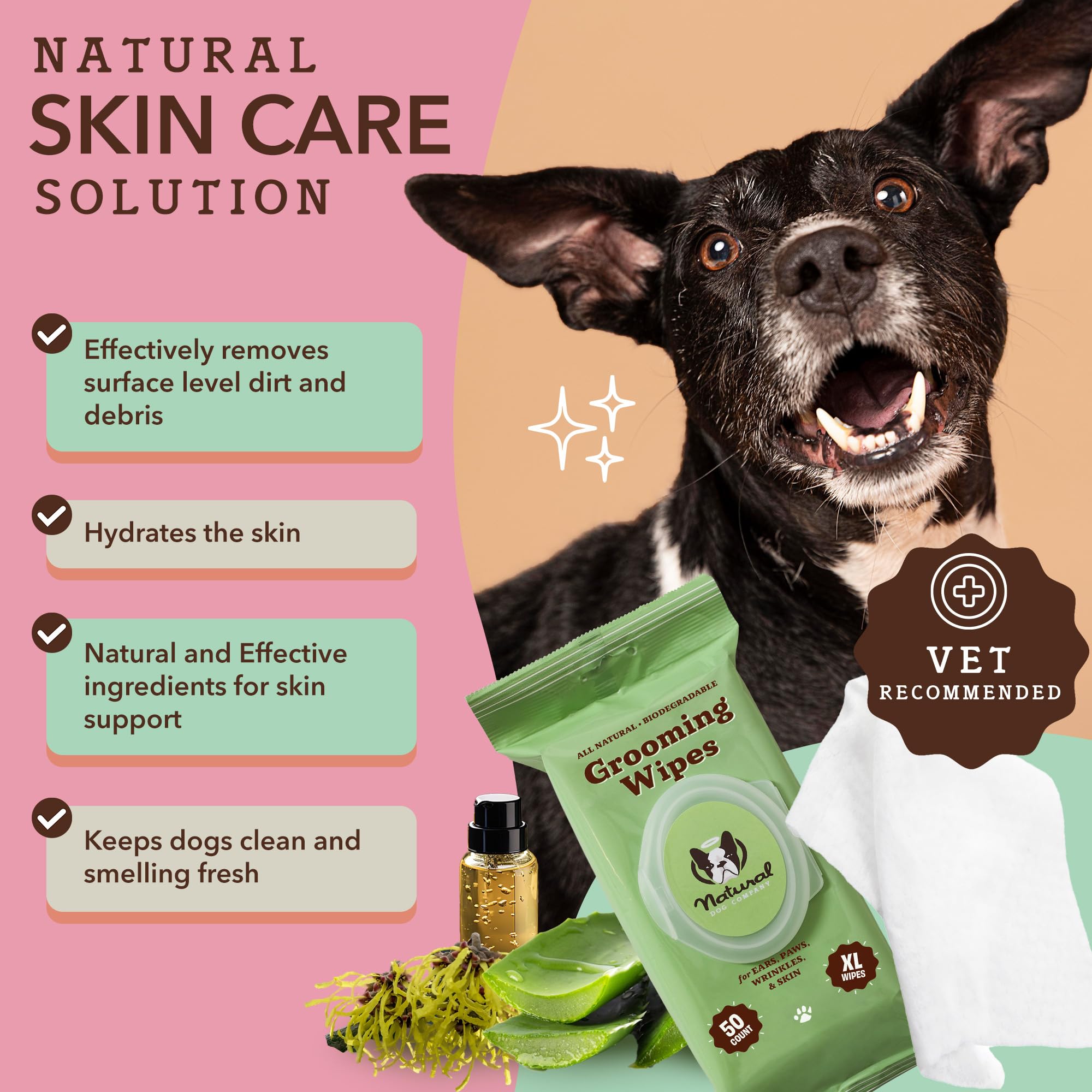 Natural Dog Company Grooming Wipes With Aloe Vera, Cleanses, Soothes, & Deodorizes, Fragrance Free, Hypoallergenic, Biodegradabl