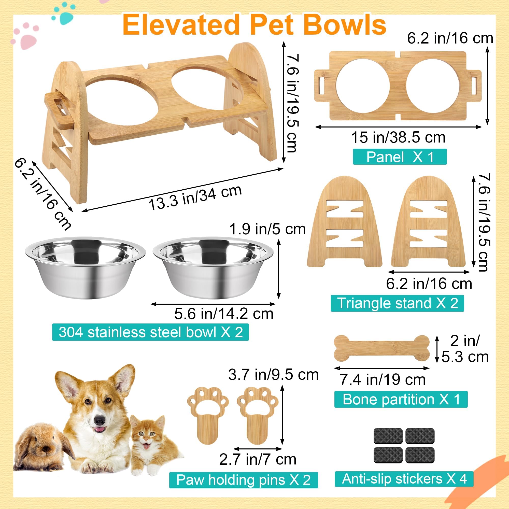 Mceast Elevated Dog Bowls Adjustable Raised Dog Bowls Stand With 2 Pieces 304 Stainless Steel Bowls Bamboo Pet Elevated Bowl Cat