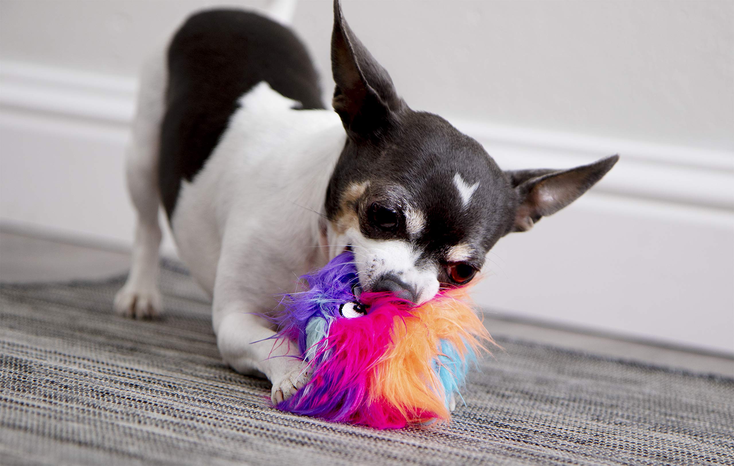 Godog Just For Me Furballz Squeaky Plush Ball Dog Toy, Chew Guard Technology - Cool Rainbow, Mini