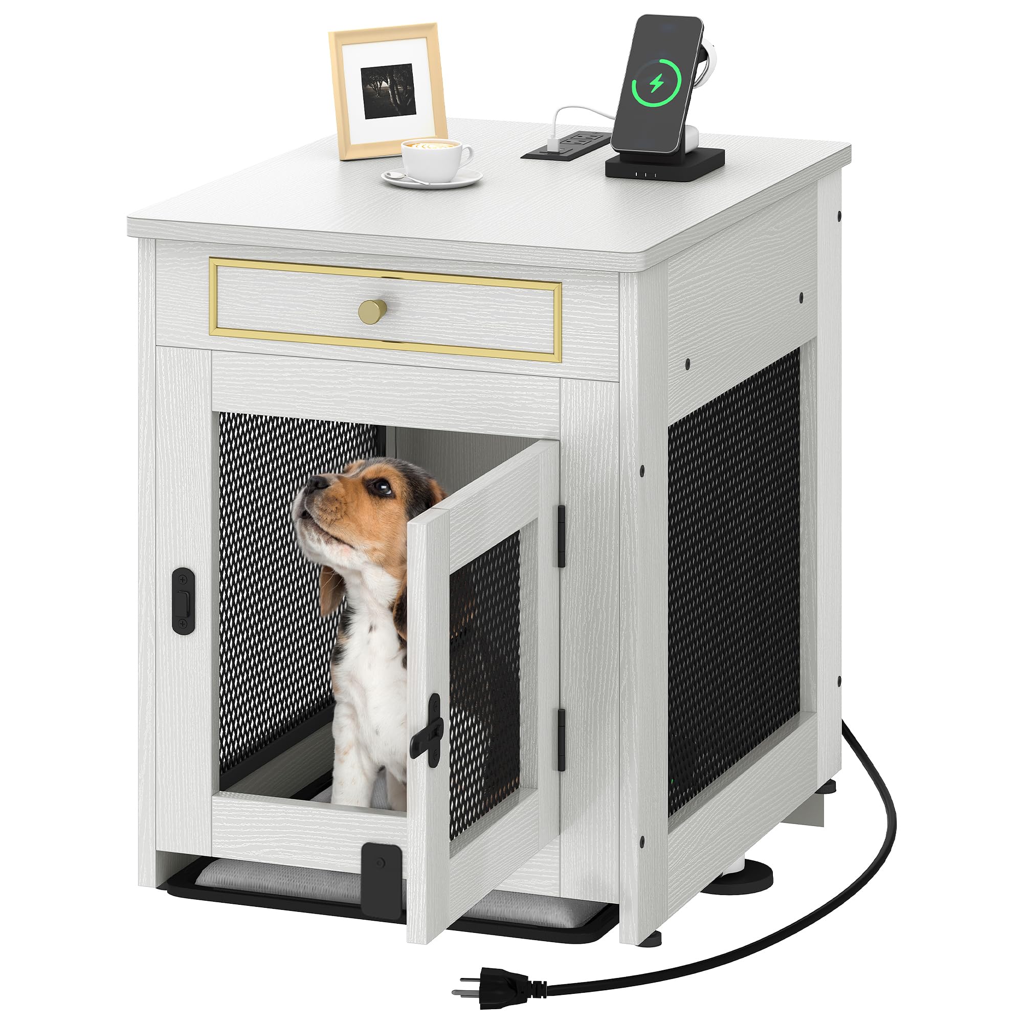 DWVO Dog Kennel Furniture with Dual USB Charger, Dog Crate End Table with Tray, Wooden Dog Crate Furniture with Cushion for Smal