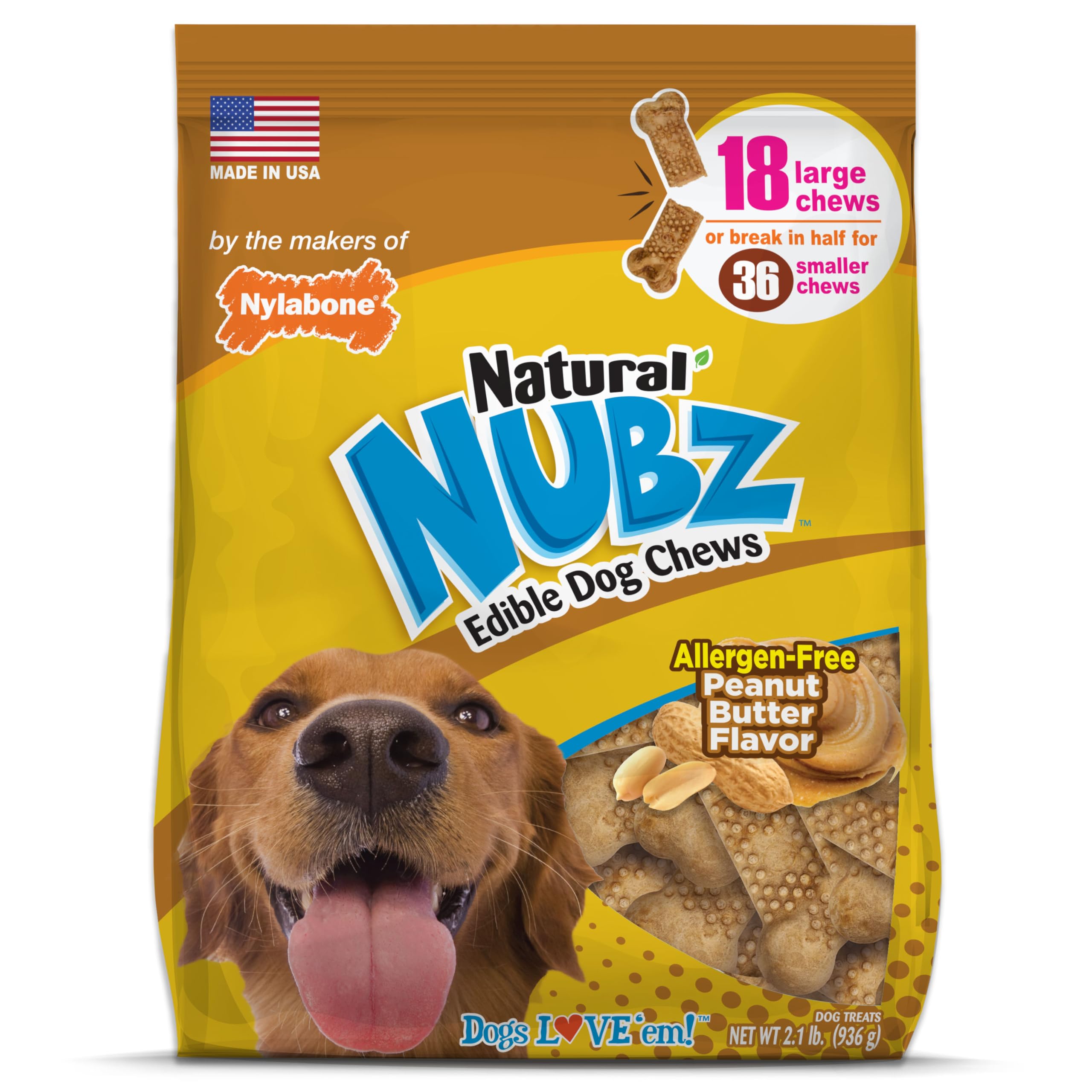 Nylabone Nubz Natural Edible Chew Treats for Dogs, Long Lasting Chews Made in USA, Peanut Butter Flavor, Large - Up to 50 lbs. (
