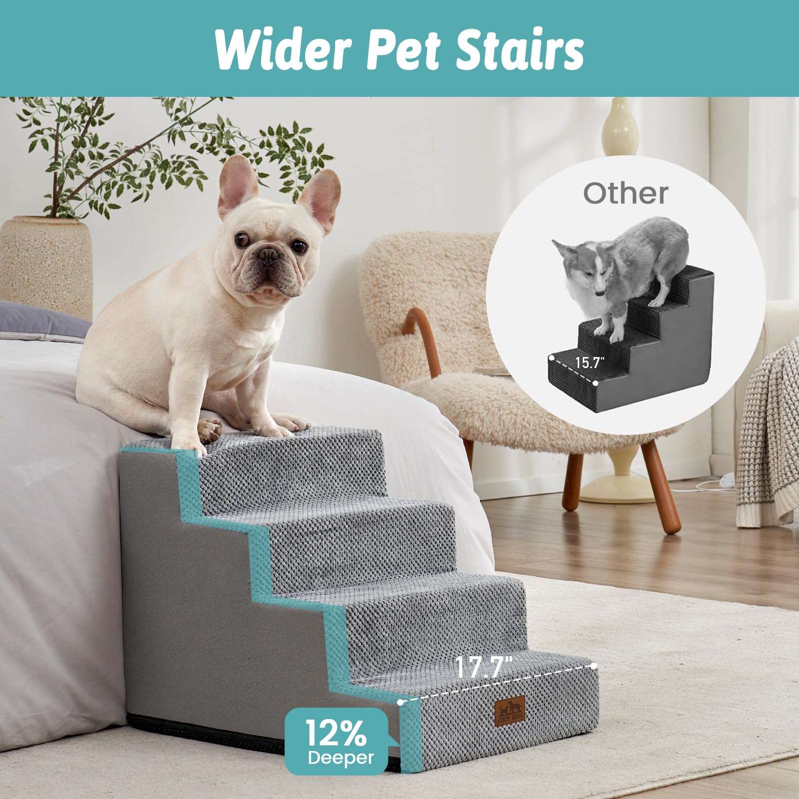 Cozy Kiss Dog Stairs For Small Dogs, 4 Tier Wider Pet Stairs For Couch And Beds, 17.7'' H Non-Slip Dog Steps For Old Cats, Puppy