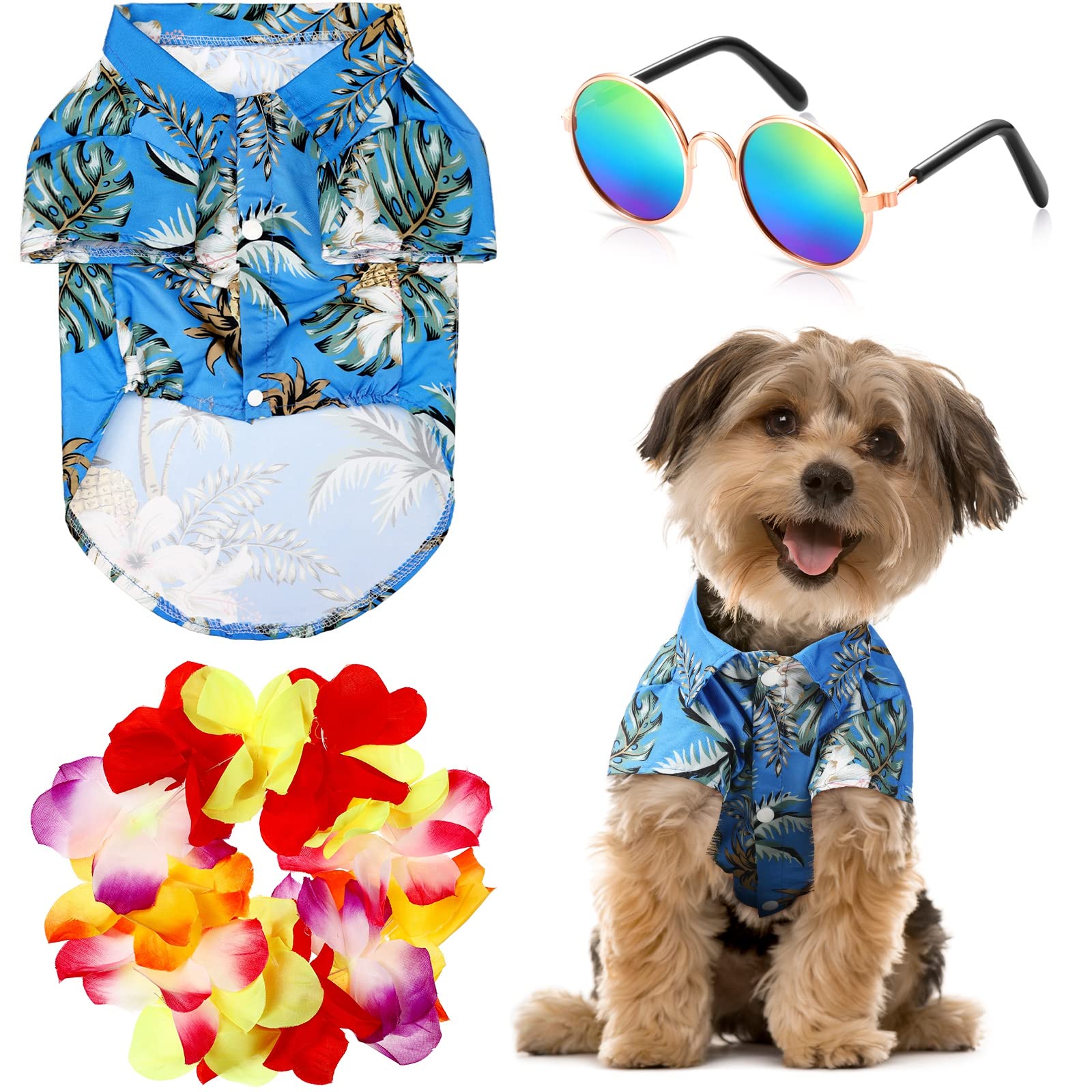 3 Pieces Pet Dog Hawaiian Costume, Includes Puppy Cool T-Shirts Summer Clothes, Funny Cute Dog Retro Fashion Sunglasses and a Co