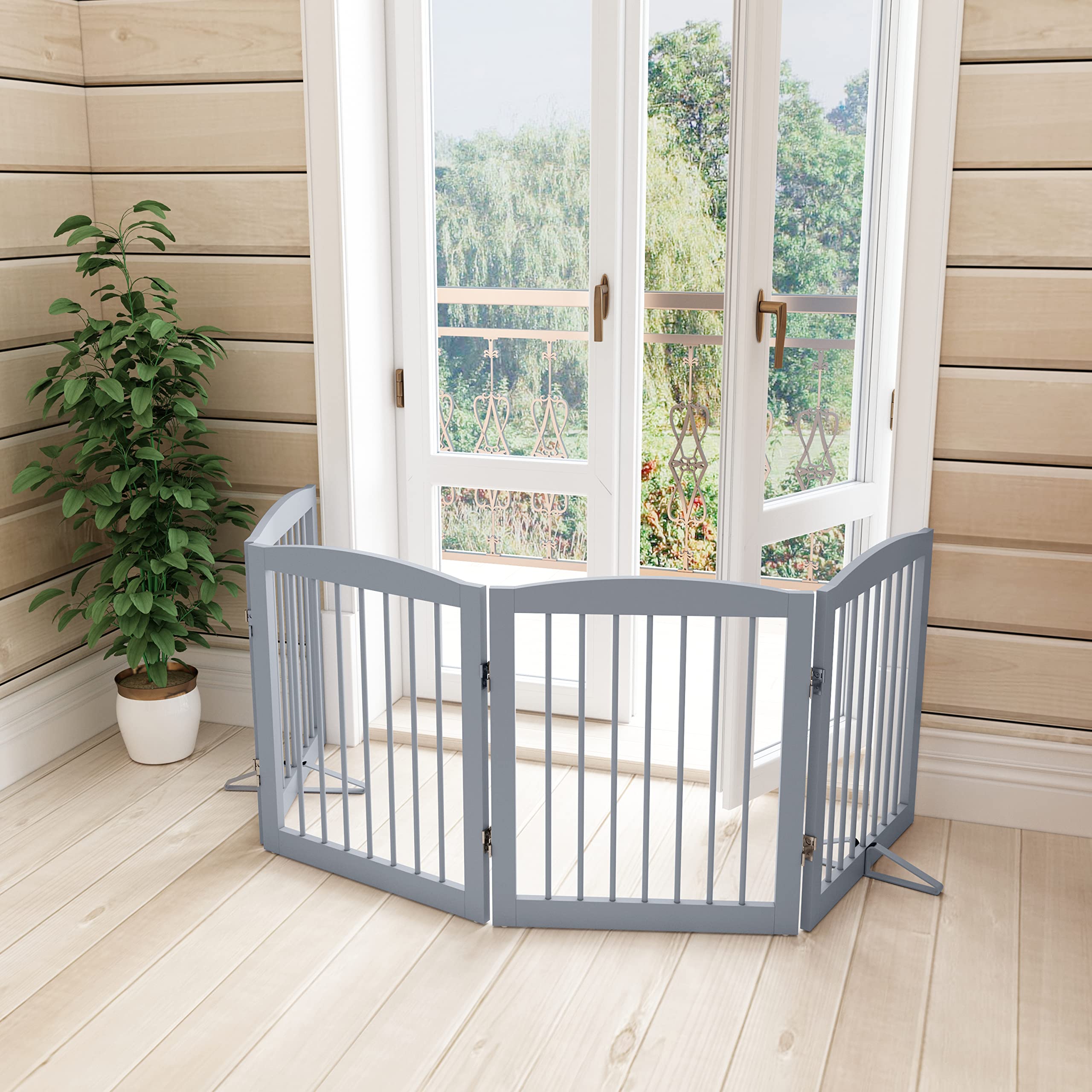 PUPETPO Freestanding Pet Gate - Foldable Wooden Dog Gate for House, Indoor, 80 Inch Wide, 4 Panels 24, Grey