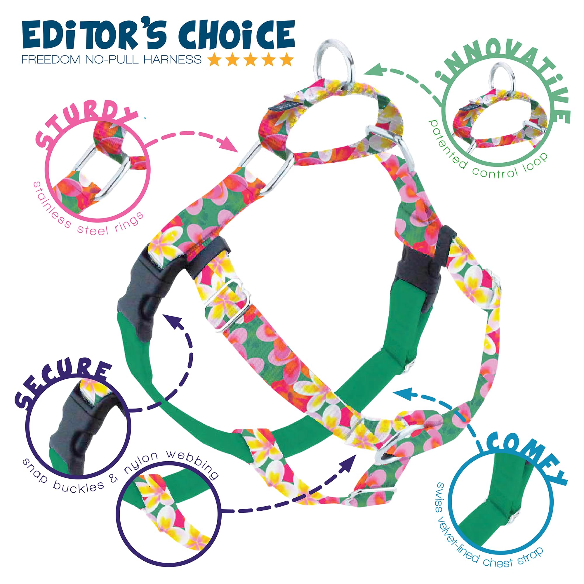 2 Hounds Design - Freedom No-Pull Harness & Training Leash In Green Aloha | Dual Leash Loops, No Pulling On Walks | Lined To Pre