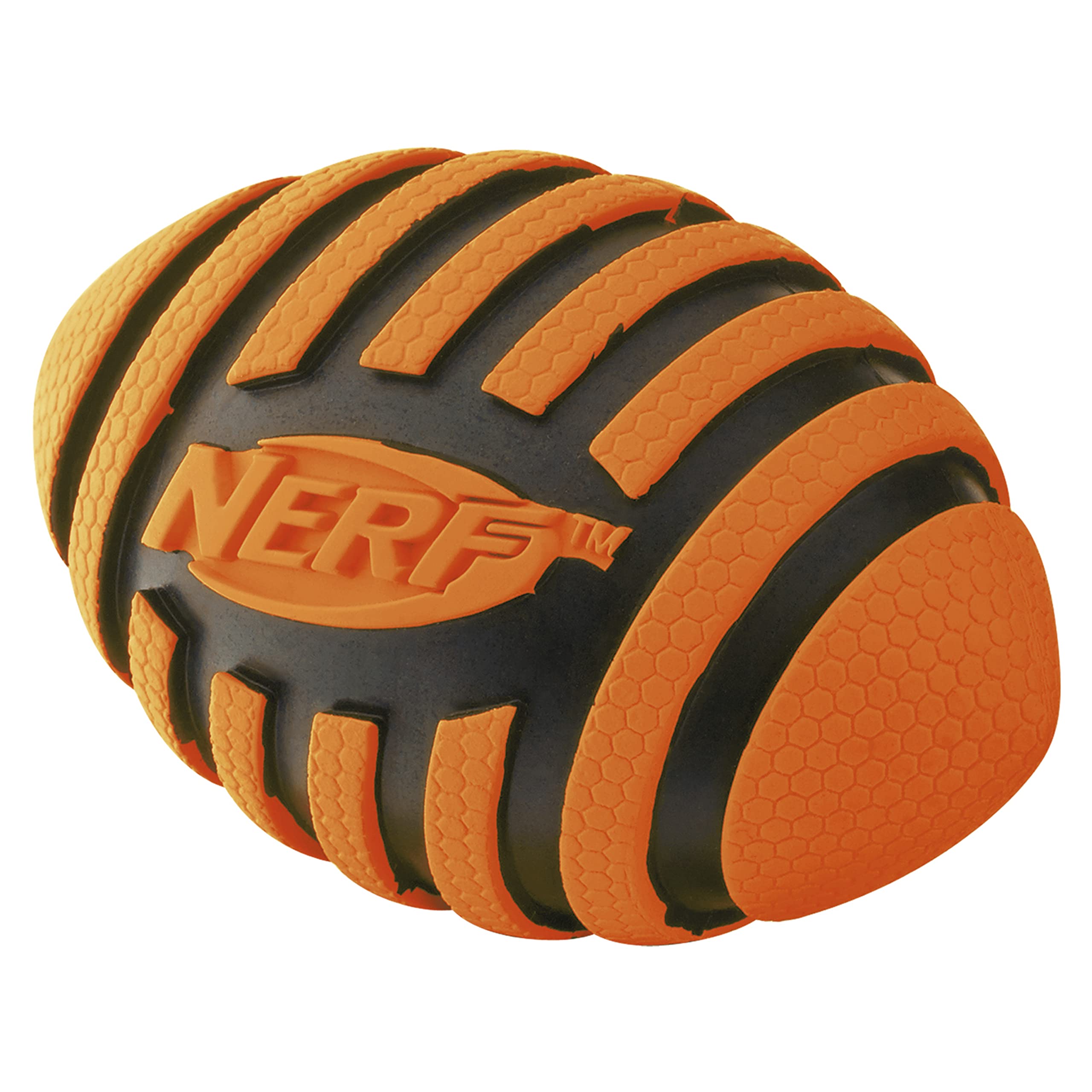 Nerf Dog Rubber Football Dog Toy With Spiral Squeaker, Lightweight, Durable And Water Resistant, 5 Inch Diameter For Medium/Large Breeds, Single Unit, Orange (8915)