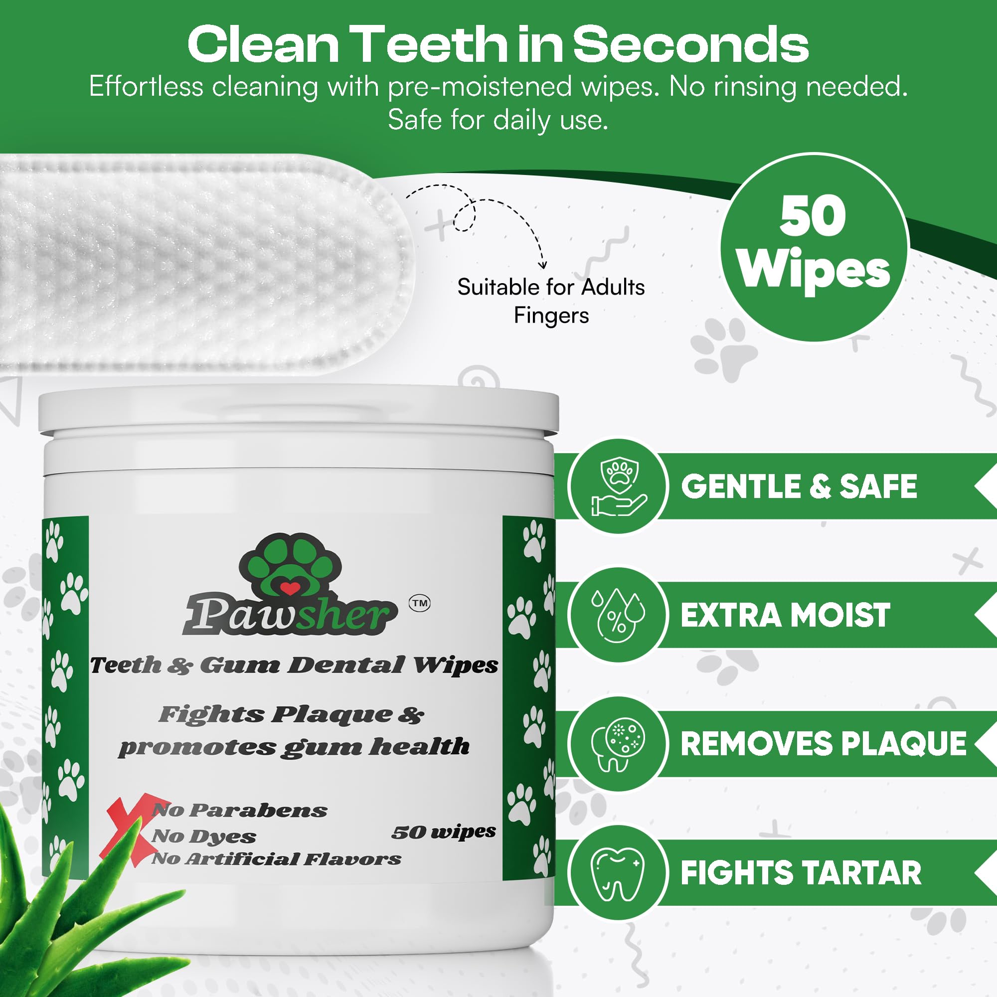 Pawsher Dogs Dental Wipes | Fights Plaque, Freshens Breath & Promotes Gum Health | No Rinse Dog Teeth Cleaning | Gentle & Natura