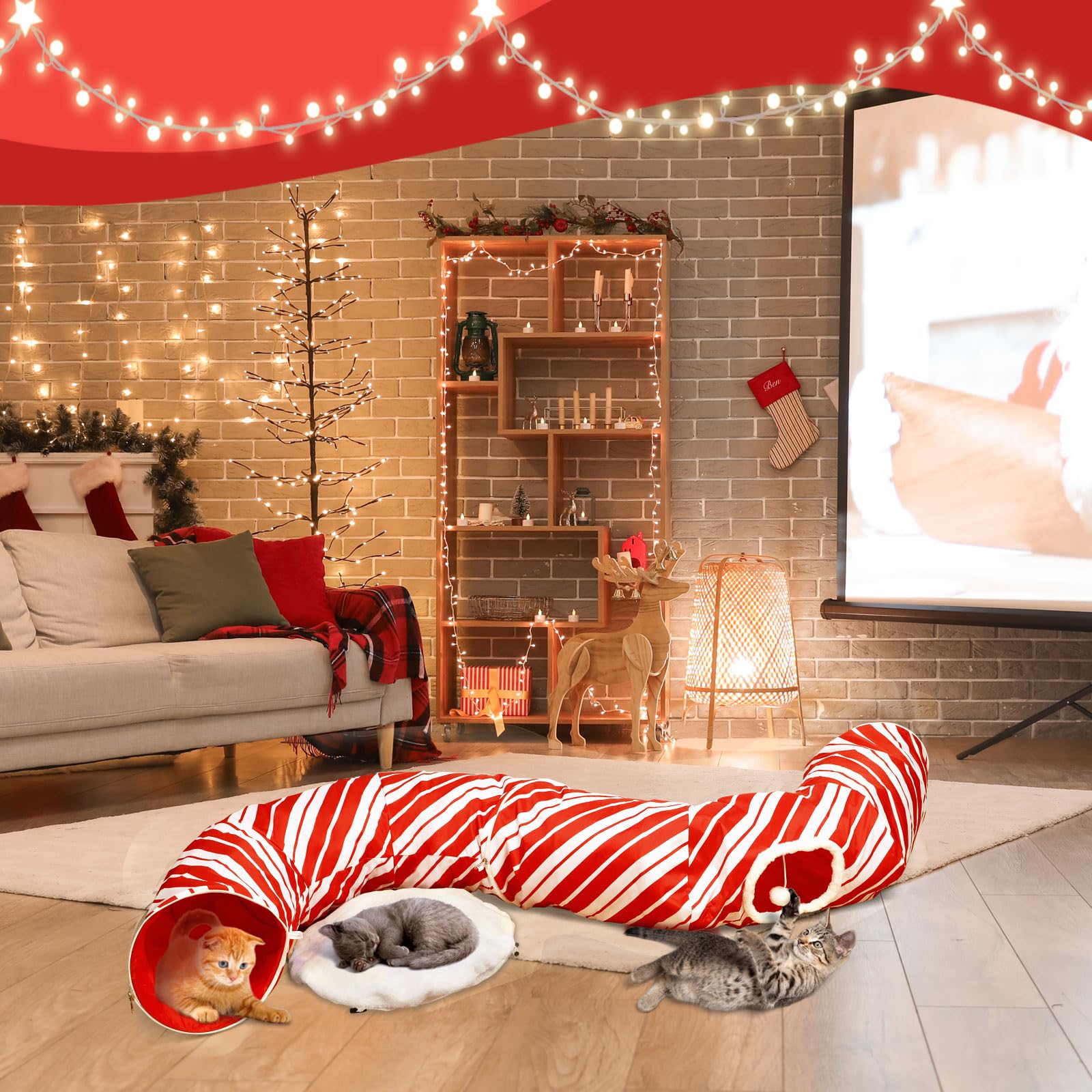 Cat Tunnel Bed Peekaboo Cat Cave Donut Under Christmas Tree Candy Cane Design Festive Decor Perfect For Small Medium Large Cats,