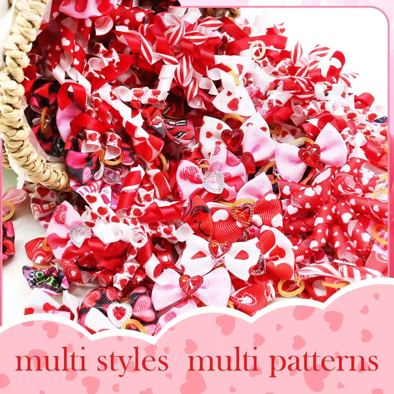 60Pcs Dog Bows With Rubber Bands Love Heart Dog Bowknot Hair Bows Red Pink Puppytopknot Bows For Day Doggie Cat Bunny Yorkie Pet
