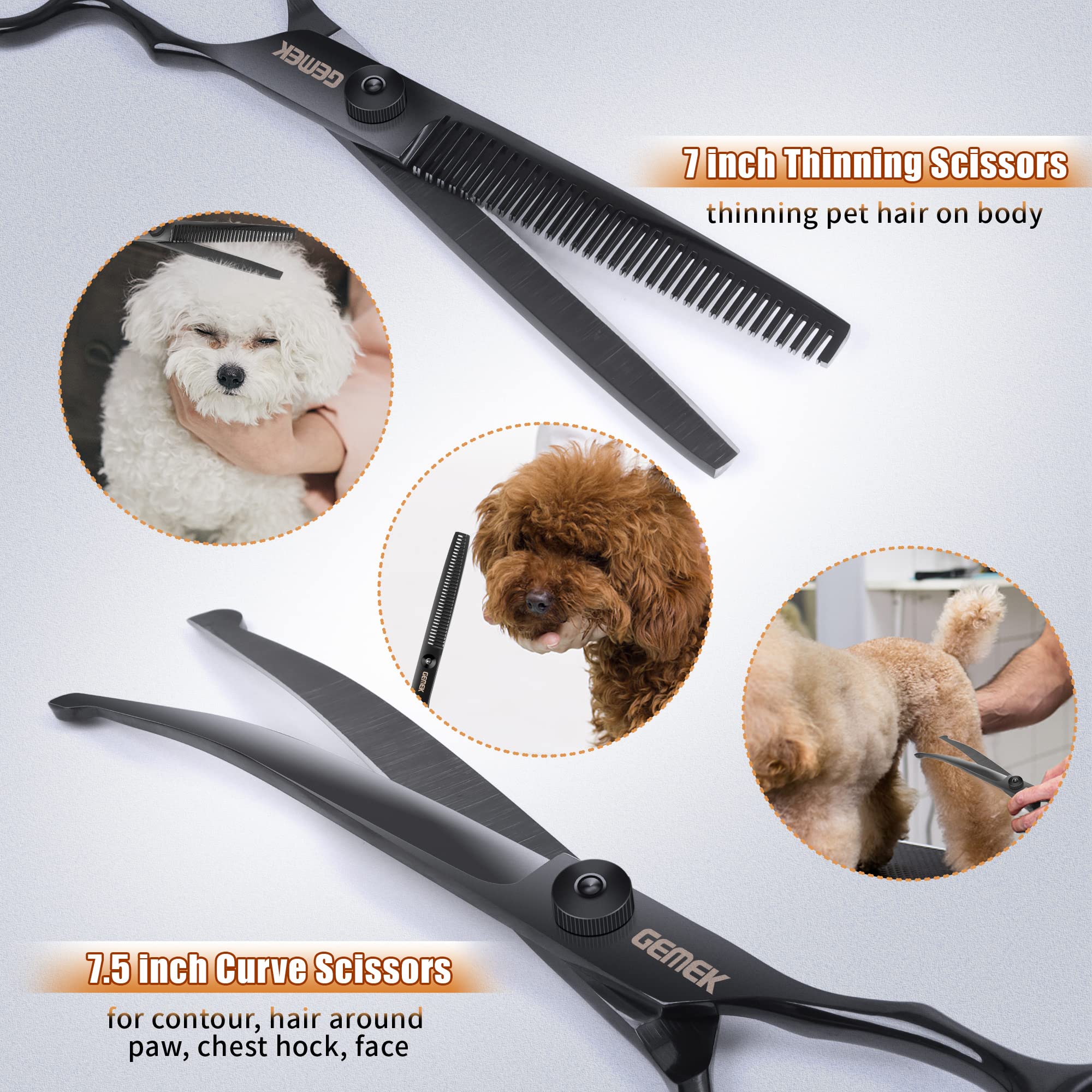 Dog Grooming Scissors Kit with Safety Round Tips, GEMEK Professional 6 in 1 Grooming Scissors for Dogs, Heavy Duty Titanium Coat