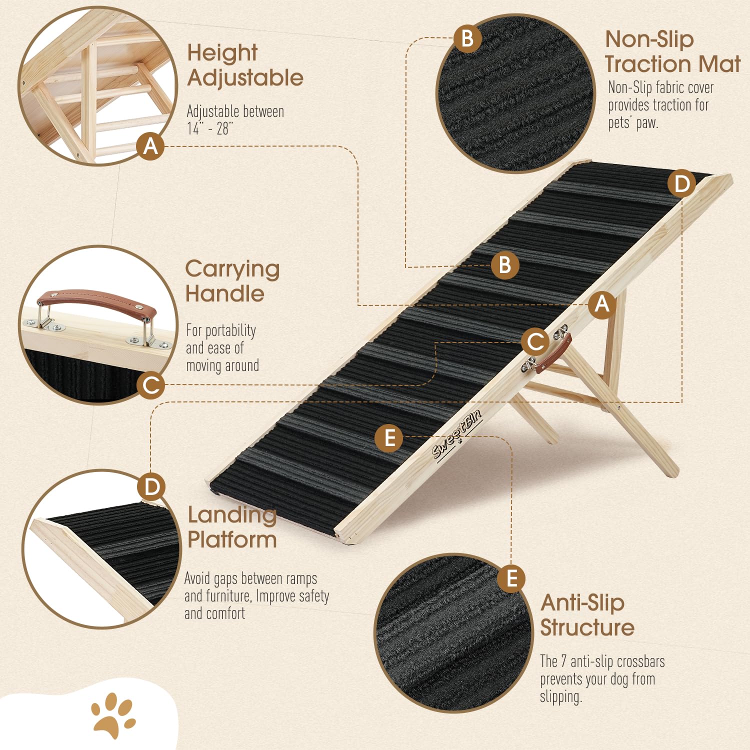 Dog Ramp For High Bed - Non-Slip, Sturdy Build Foldable Dog Ramp - 51'' Long Adjustable 14''-28'' Ramps For Small Large Dogs- Fo