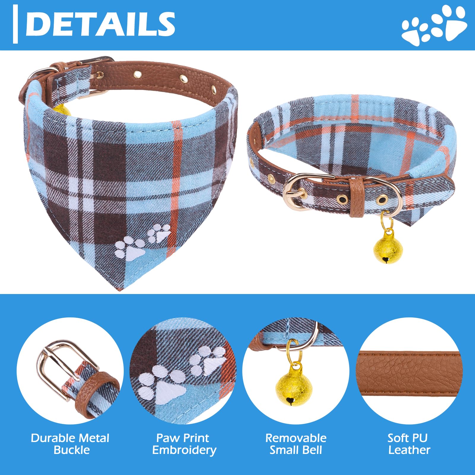Expawlorer Puppy Collar And Leash - Embroidery Pawprints Plaid Small Dog Collar And Leash Set, Cute Dog Bandana Collar With Bell