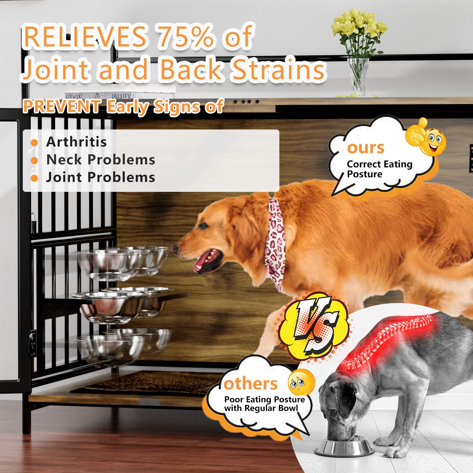 ROOMTEC Furniture Style Large Dog Crate with 360 & Adjustable Raised Feeder for Dogs 2 Stainless Steel Bowls -End Table House Pa