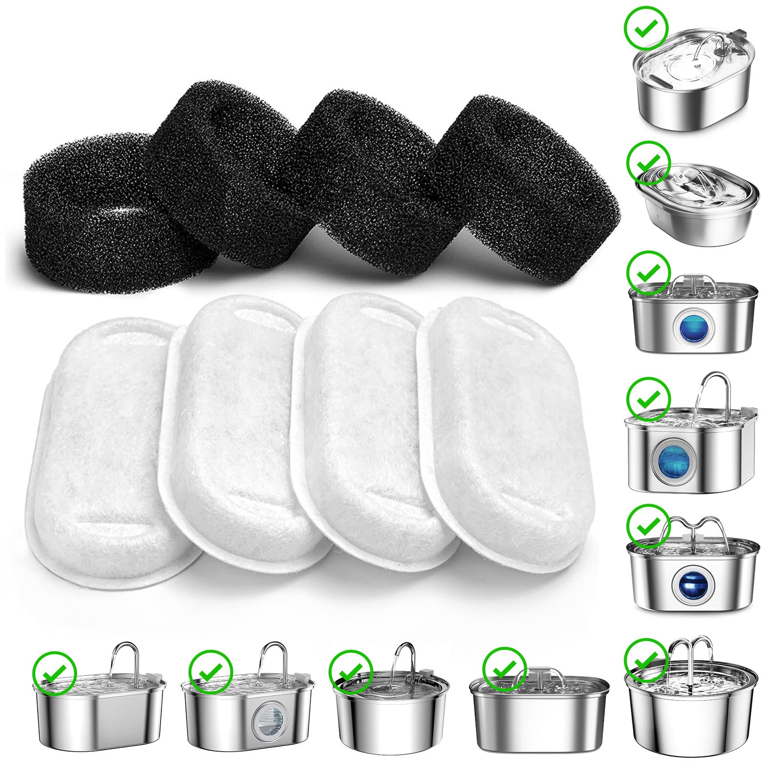 SOOFPET Cat Water Fountain Filters - 8-Pack (4 Carbon  4 Foam) Replacement Filters for 108oz/3.2L Stainless Steel Fountain