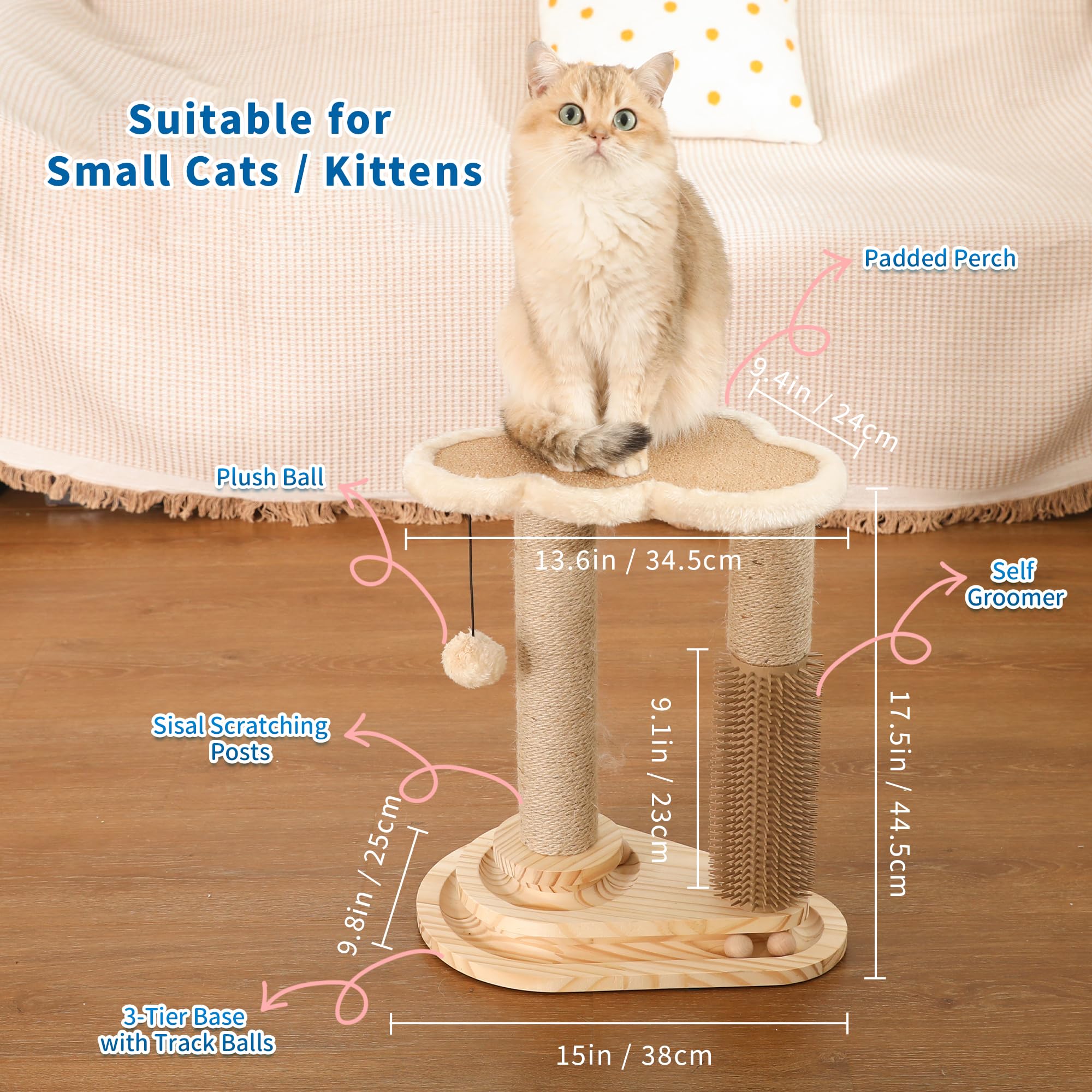 Made4Pets Cat Scratching Post, Cat Self Groomer For Indoor Cats, Cloud Soft Perch For Rest, 17.5' Tall Natural Sisal Scratcher Cat Grooming Interactive Ball Track Toys For Small Cats Kittens