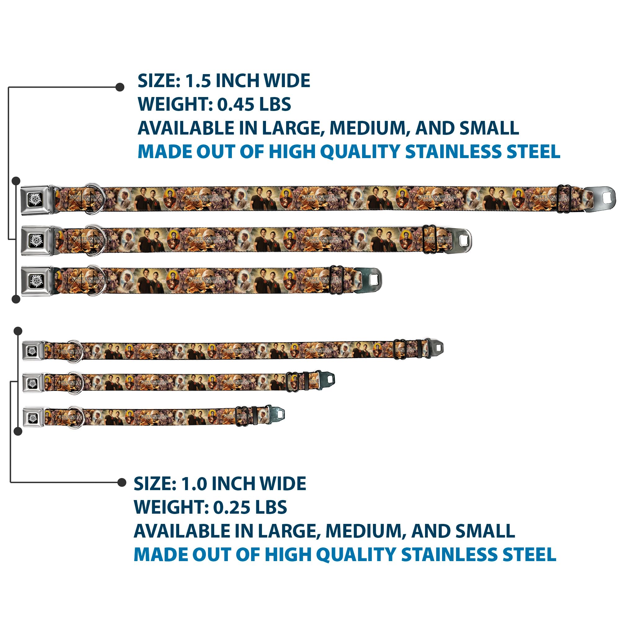 Buckle-Down Dog Collar Seatbelt Buckle Supernatural 4 Character Saintly Icons Skull Roses, 1 Wide - Fits 9-15 Neck - Small,