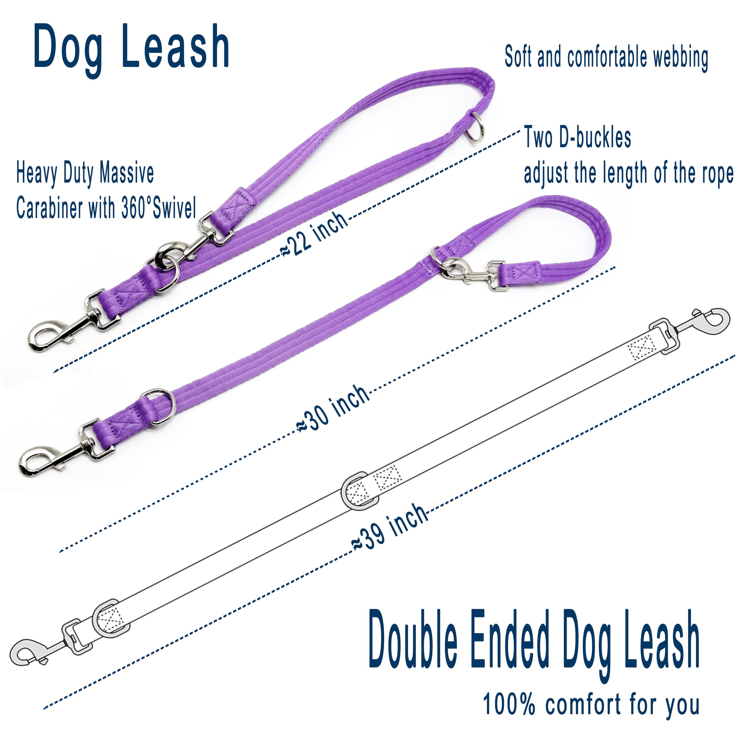 Double Ended Dog Leash,For Obedience Training Easy To Use,Lightweight,Soft For Large And Medium Dogs (Purple, 1M*2.5Cm)