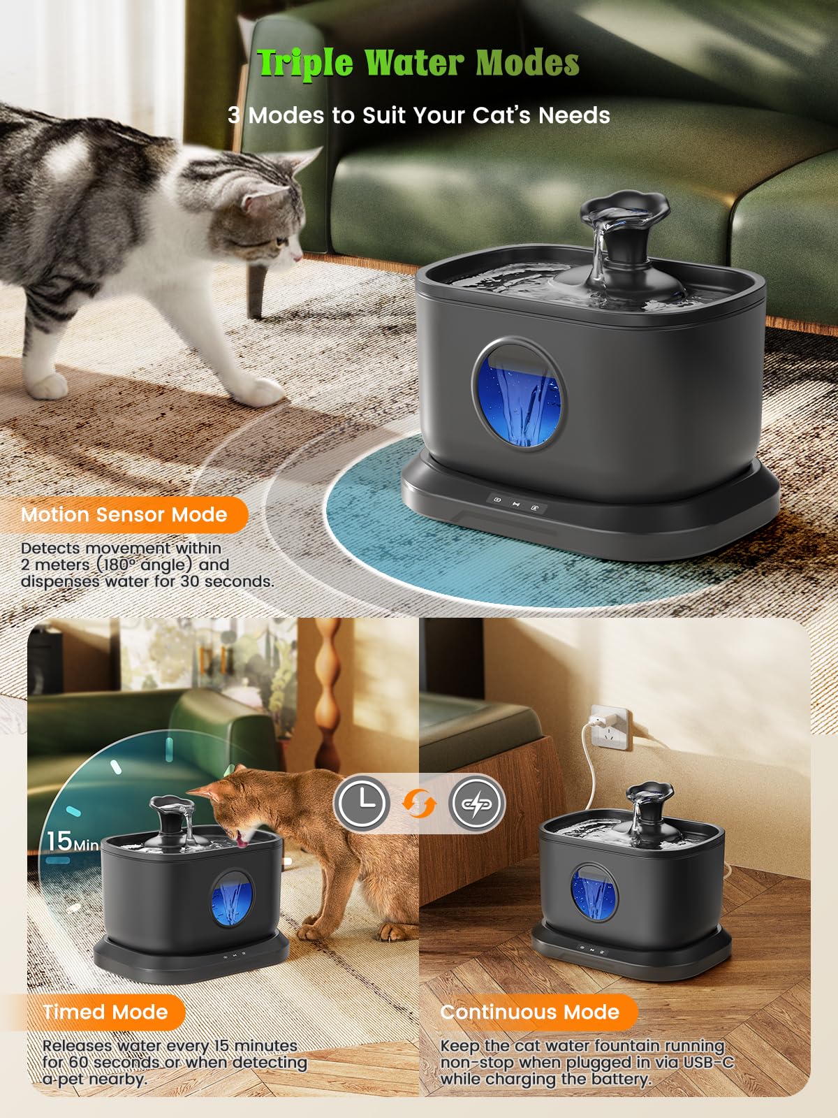 Petlipo Pet Water Fountains for Cats Indoor, Cordless Cat Water Fountain with Wireless Pump, 2.5L/84oz 5000mAh Battery Operated
