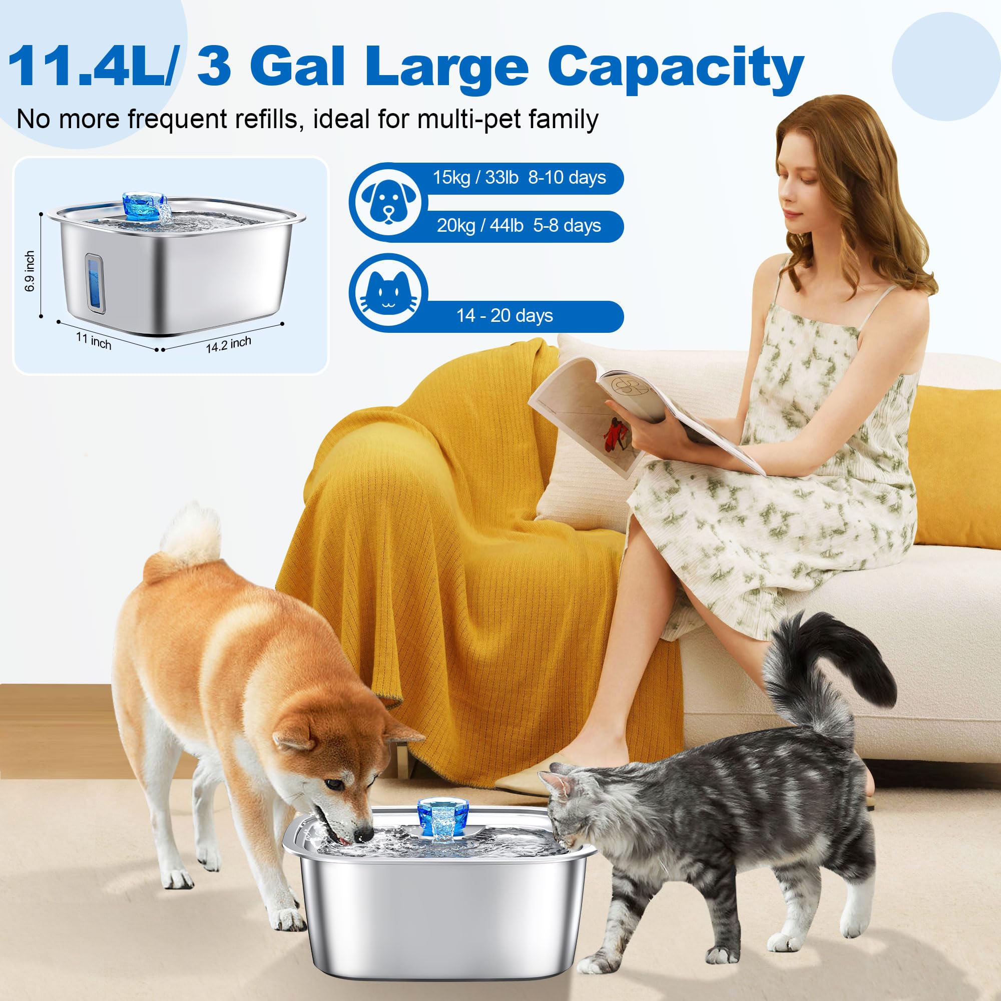 Large Dog Water Fountain Stainless Steel, 3 Gallon Pet Water Fountain With Visual Window, Dog Water Dispenser Automatic Waterer