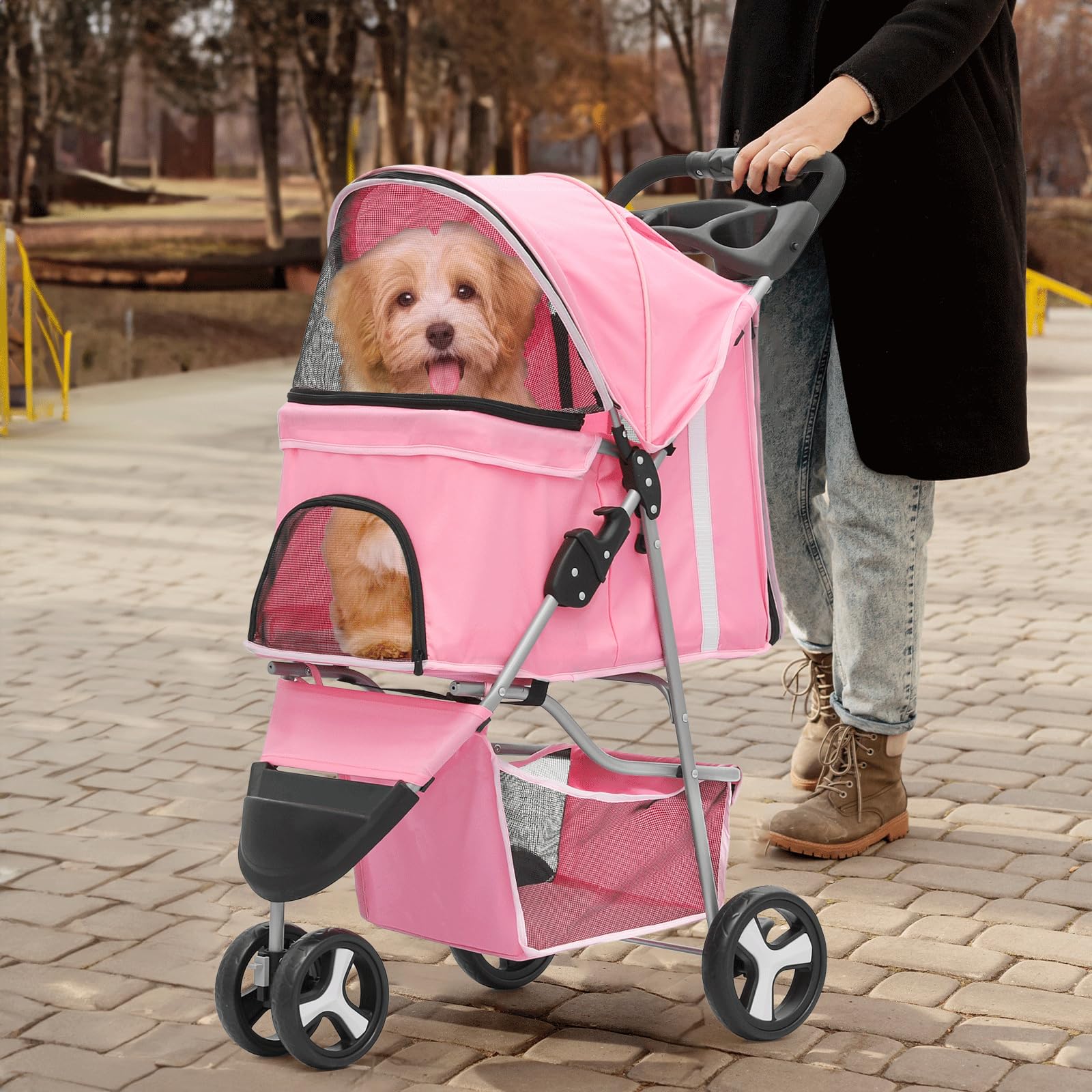 Monibloom 3-Wheels Foldable Pet Stroller With Waterproof Cover, Pet Strolling Cart For Small/Medium Dogs And Cats With Storage Basket And Cup Holder, Breathable And Visible Mesh For All-Season, Pink