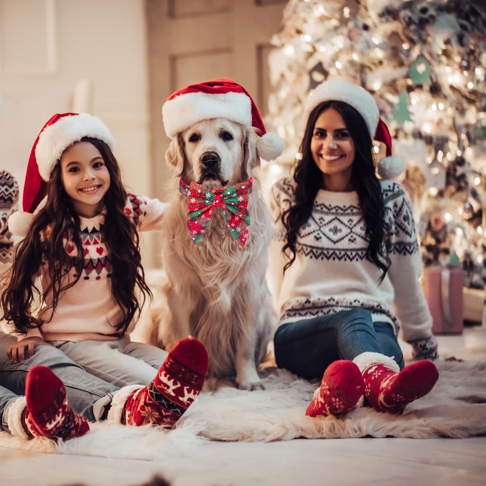 Adoggygo Christmas Dog Collar With Bow, Adjustable Cotton Red Bowtie Dog Christmas Collars For Small Medium Large Dogs Pets (Medium, Xmas)