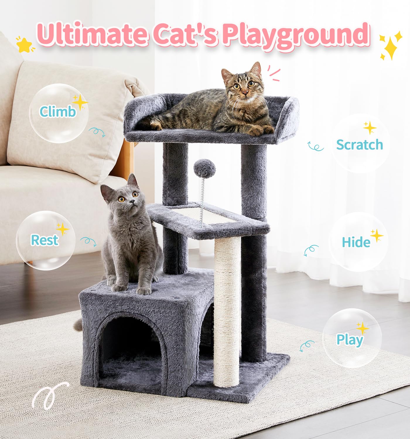 Made4Pets Cat Tree, Multi-Level Small Cat Tower For Indoor Cats, 29' Tall Cute Kitten Scratcher Condo With Sisal Scratching Pos