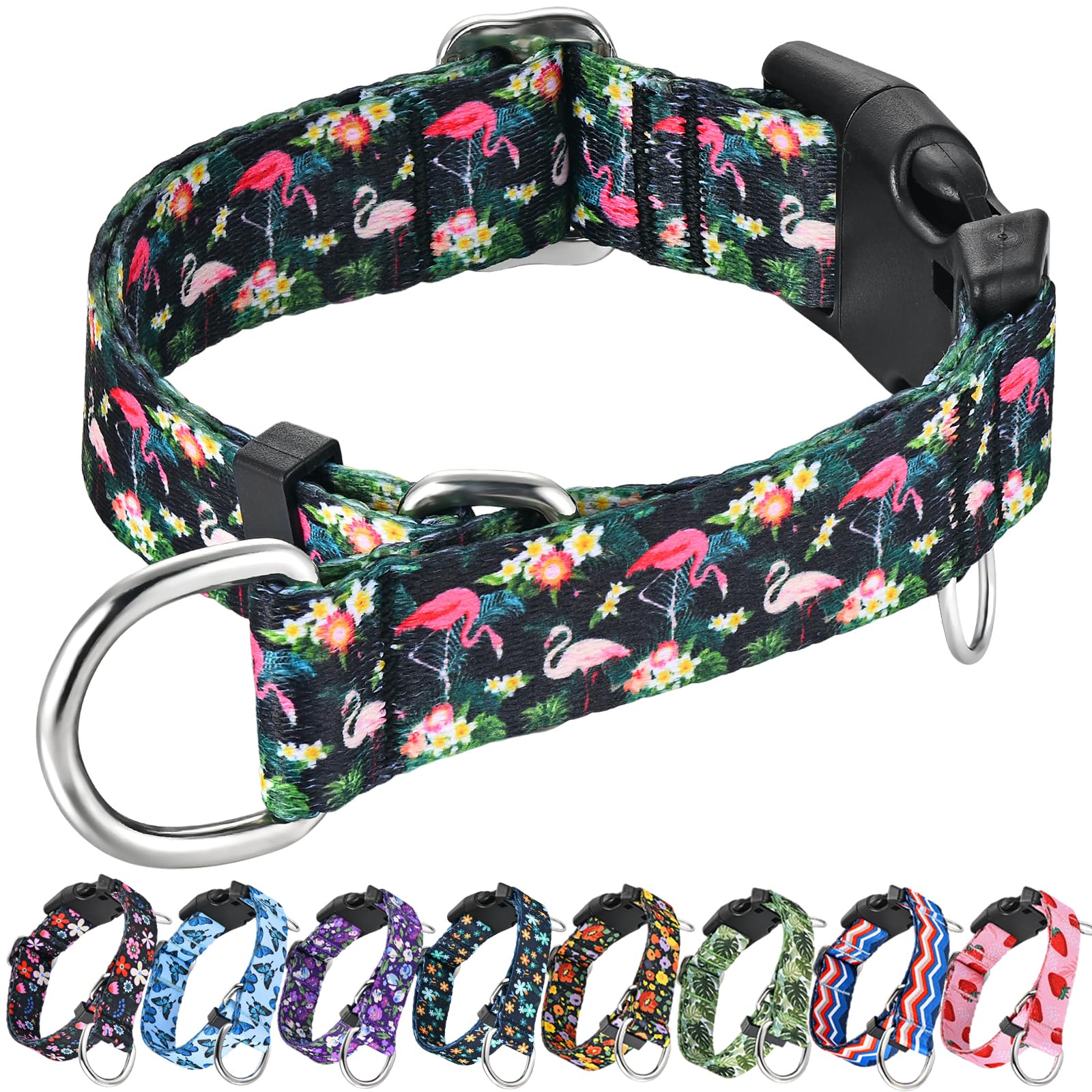 Fidohug Martingale Collar For Dogs With Buckle Adjustable Nylon Hawaiian Summer No Pull Training Dog Collars (Flamingo, Medium)